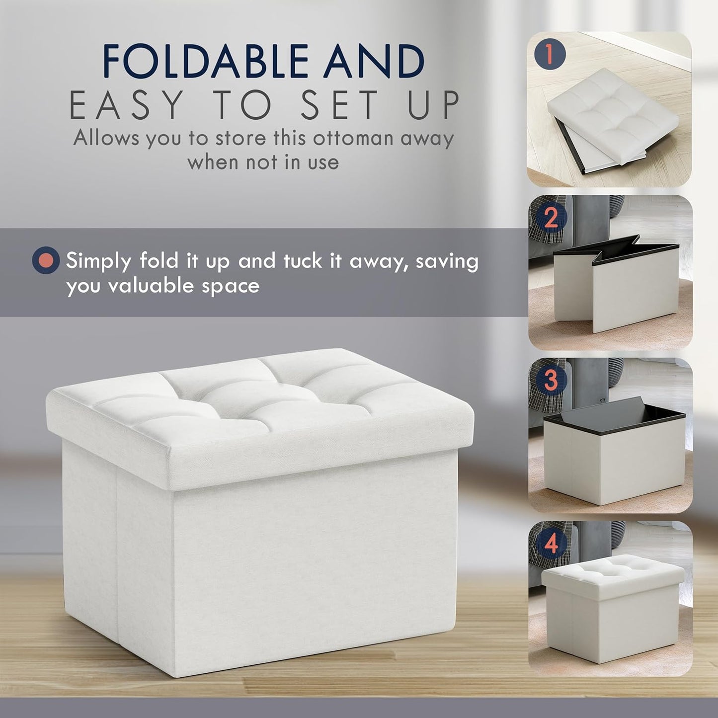 Ornavo Home Small Storage Ottoman Foldable Collapsible Rectangle Linen Ottoman Foot Rest Stool Seat, for Living Room, Bedroom, Home Office, Dorm - 12 x 16 x 12, White