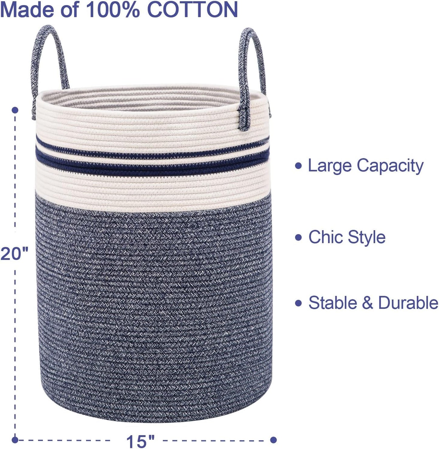 Woven Rope Laundry Hamper Basket by YOUDENOVA, 58L Tall Luandry Basket, Baby Nursery Hamper for Blanket Storage in Bedroom-Large-Blue