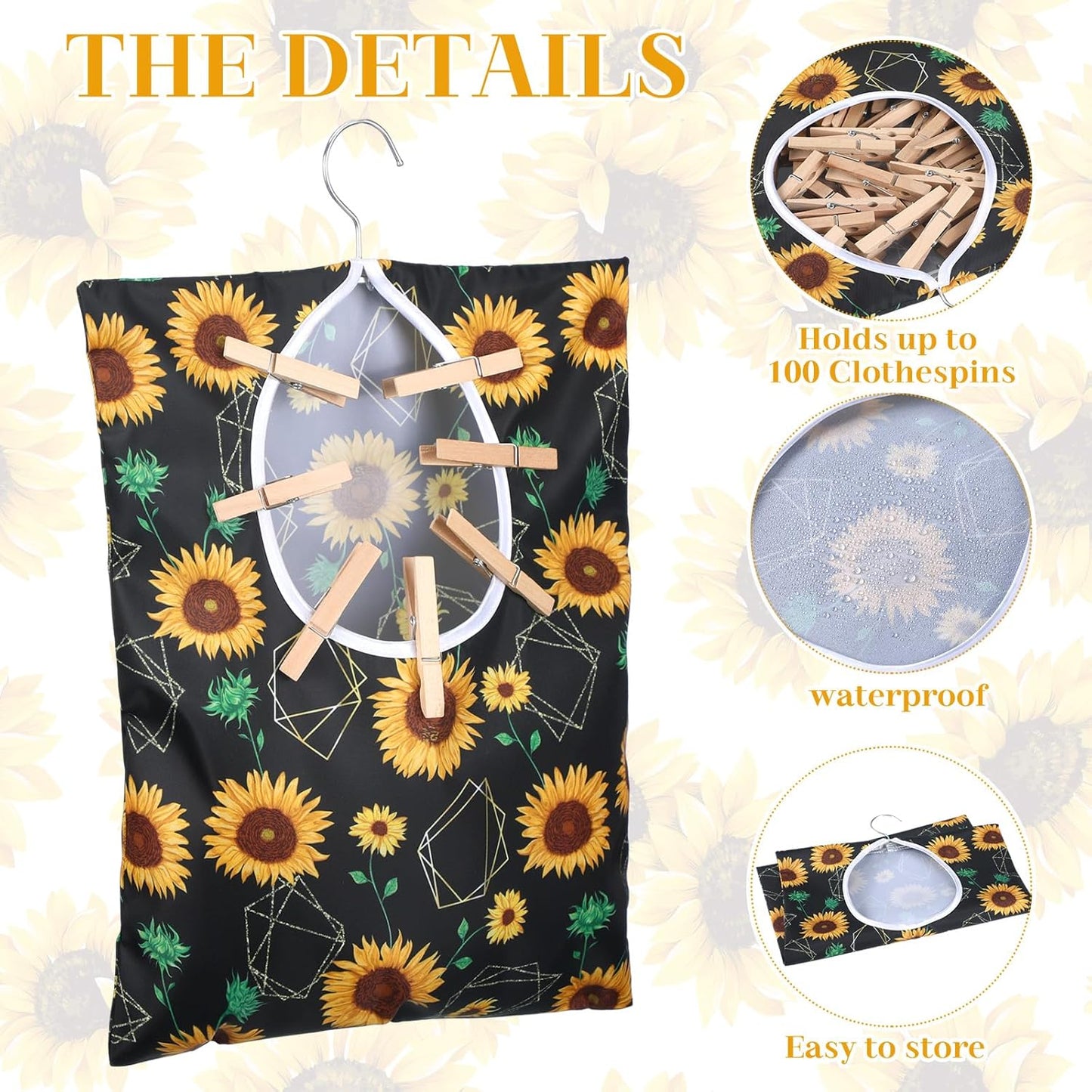 Woanger 2 Pcs Clothes Pin Bag Clothespin Holder 15 x 11 in to Hang on Line Clothes Pin Hanging Bag for Clothesline Outdoor Storage Organizer Basket with Large Opening(Sunflower Style)