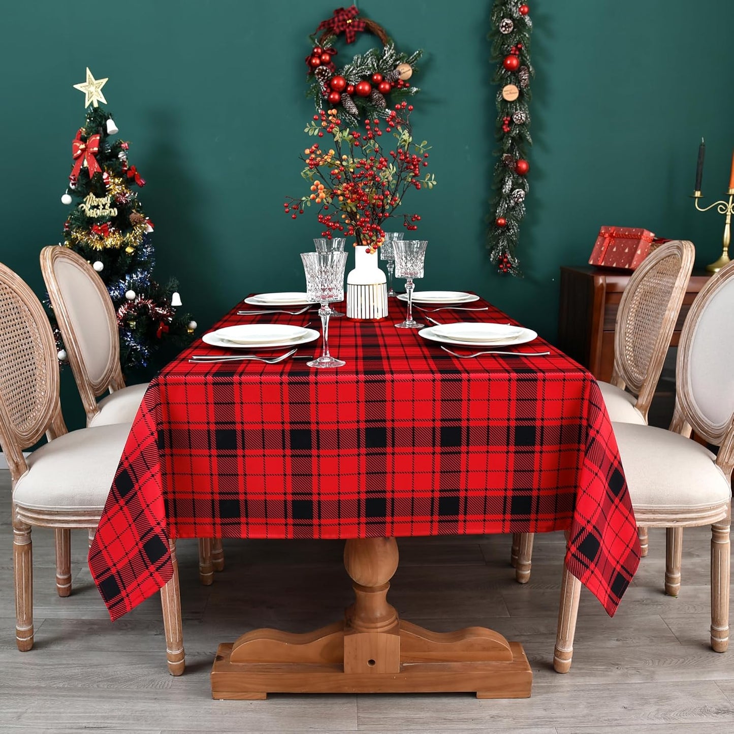 Red Gingham Christmas Plaid Tablecloth - Rectangular 58x102 Inch Water Resistant Table Cloth for Indoor/Outdoor Use - Holiday Table Cover for Kitchen, Picnics, and Parties