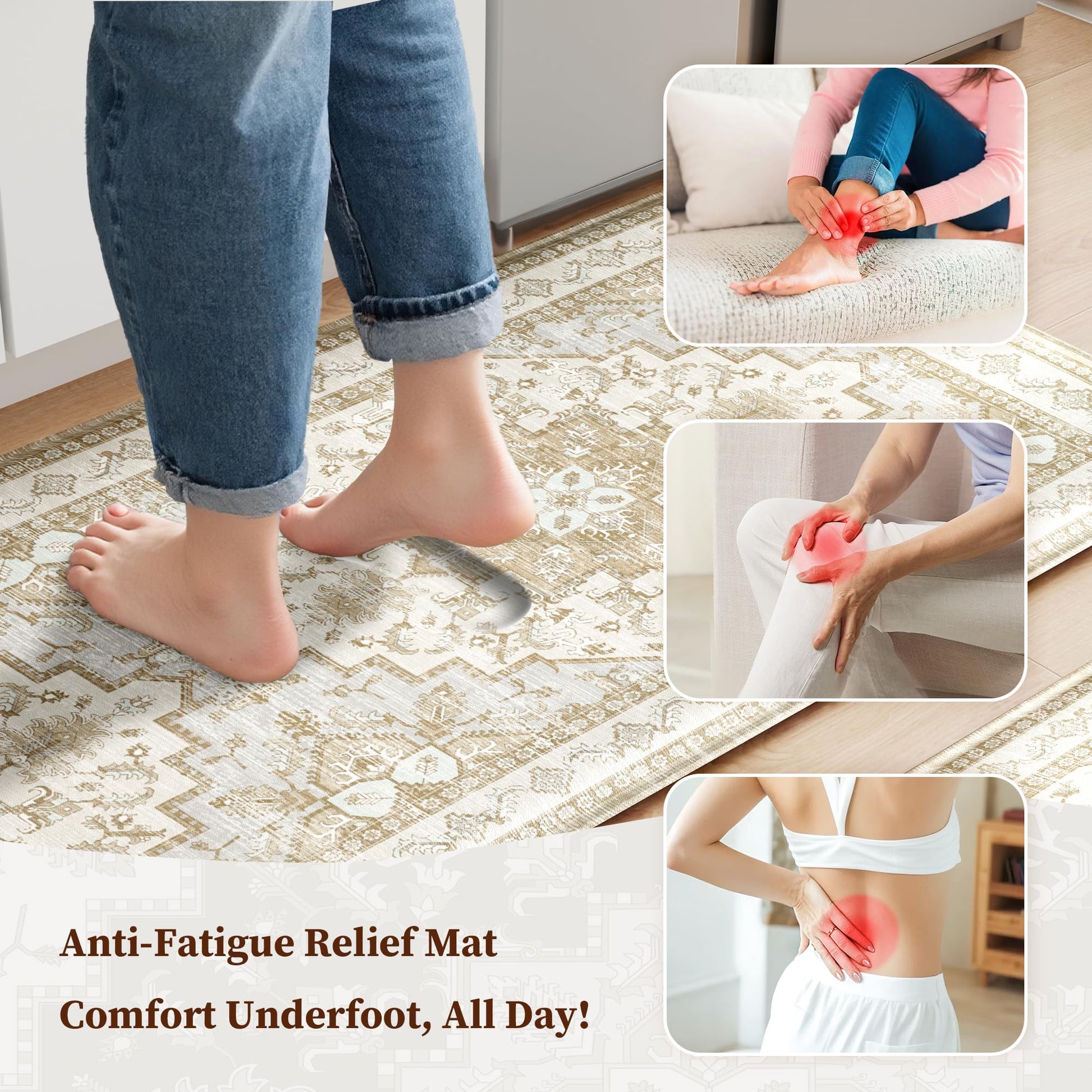 Boho Kitchen Mats for Floor 2 Piece Set Anti Fatigue Cushioned PVC Kitchen Rugs Non Slip Waterproof
