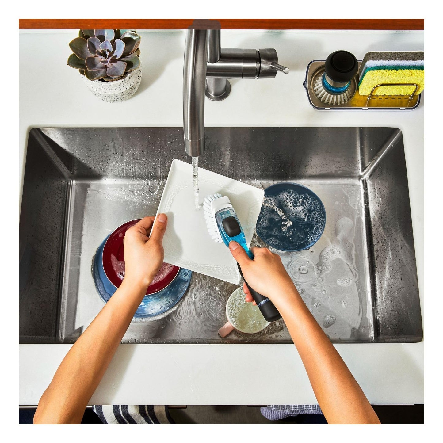 OXO Built-in Soap Dispenser, Non-Slip Handle, Scrub Brush for Dishes, Pots, Pans, Kitchen Brush