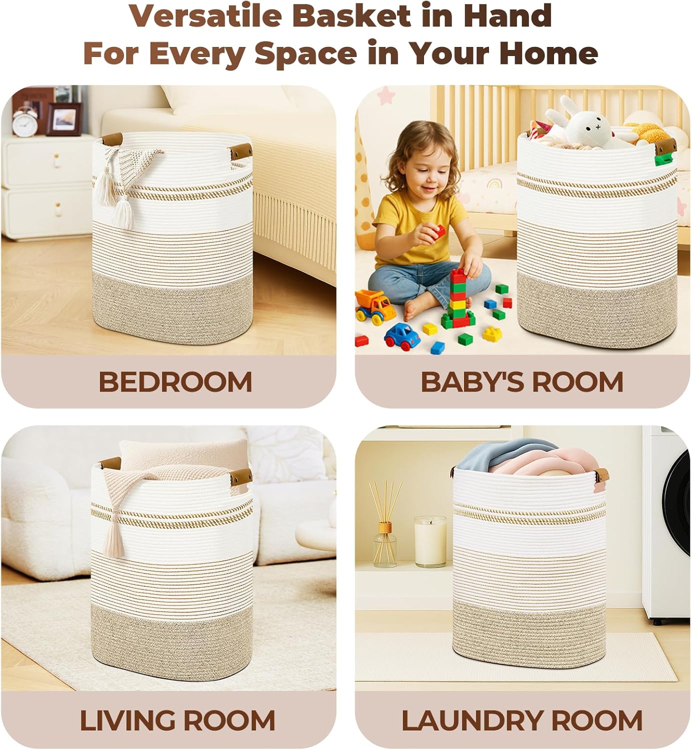 Laundry Basket with Handles - Blanket Basket & Hampers for Bedroom Aesthetic, Laundry Hamper & Blanket Storage for Living Room, Clothes Hamper, Tall, Large 17" x 14" x 22”, Light Brown & White