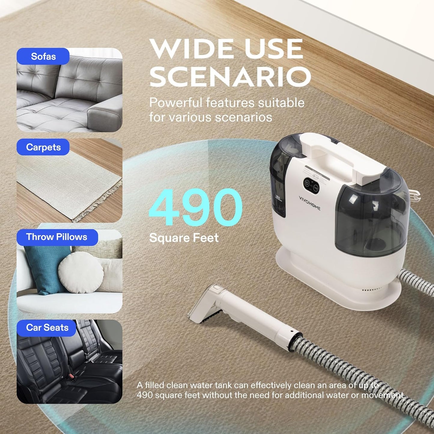 VIVOHOME Portable Multipurpose Carpet Cleaner Machine, 15s Fast Heating Spot Cleaner for Upholstery, 4 Detachable Brush Heads for Pets, Couch, Car Seats, Self-Cleaning, 14Kpa Strong Suction