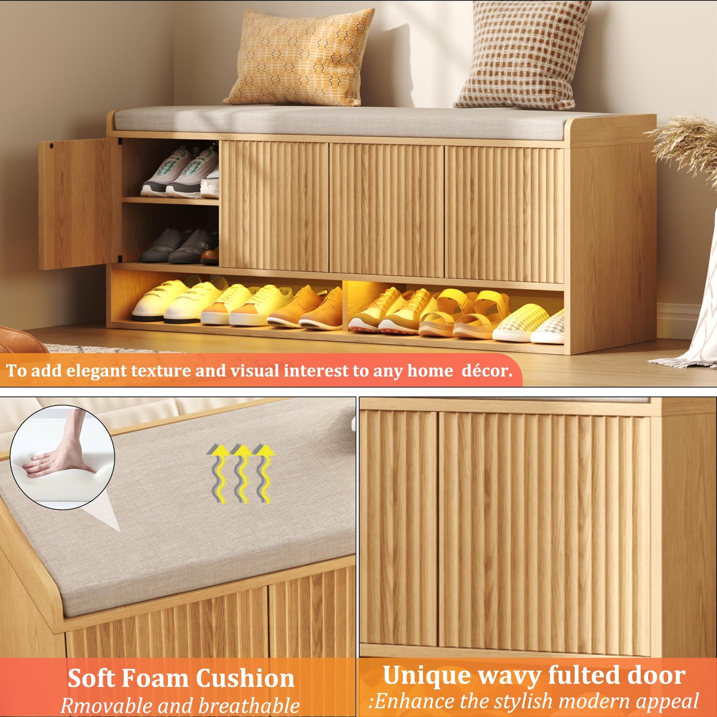 HOMEFORT 47.2" Fluted Shoe Storage Bench, Entryway Bench with Linen Seat Cushion, Shoe Cabinet