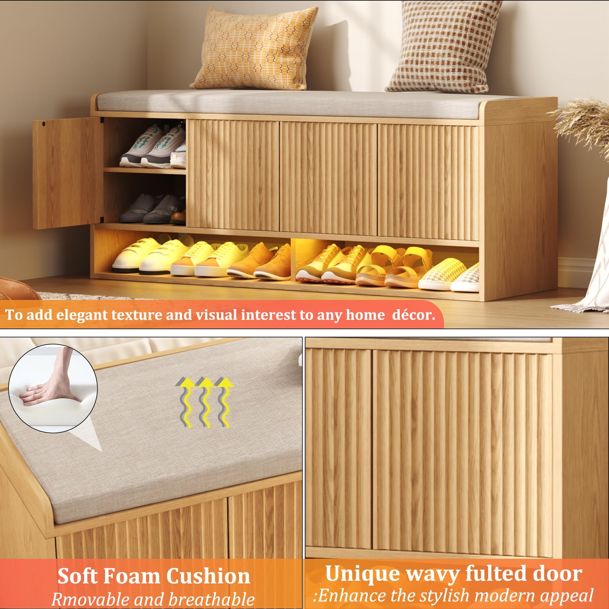 HOMEFORT 47.2" Fluted Shoe Storage Bench, Entryway Bench with Linen Seat Cushion, Shoe Cabinet