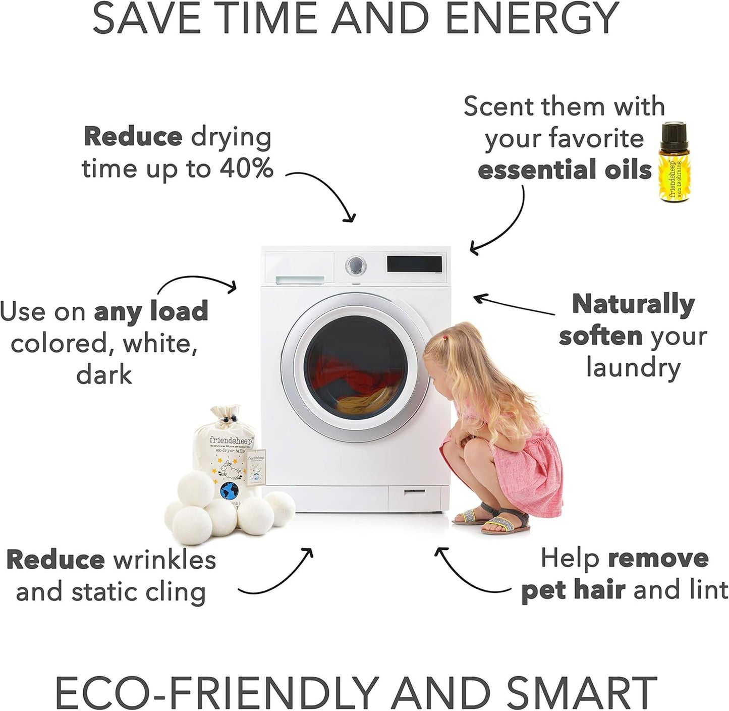 Wool Dryer Balls by Friendsheep 6 Pack XL Organic Premium Reusable Cruelty Free Handmade Fair Trade No Lint Fabric Softener White - "Creamy White"