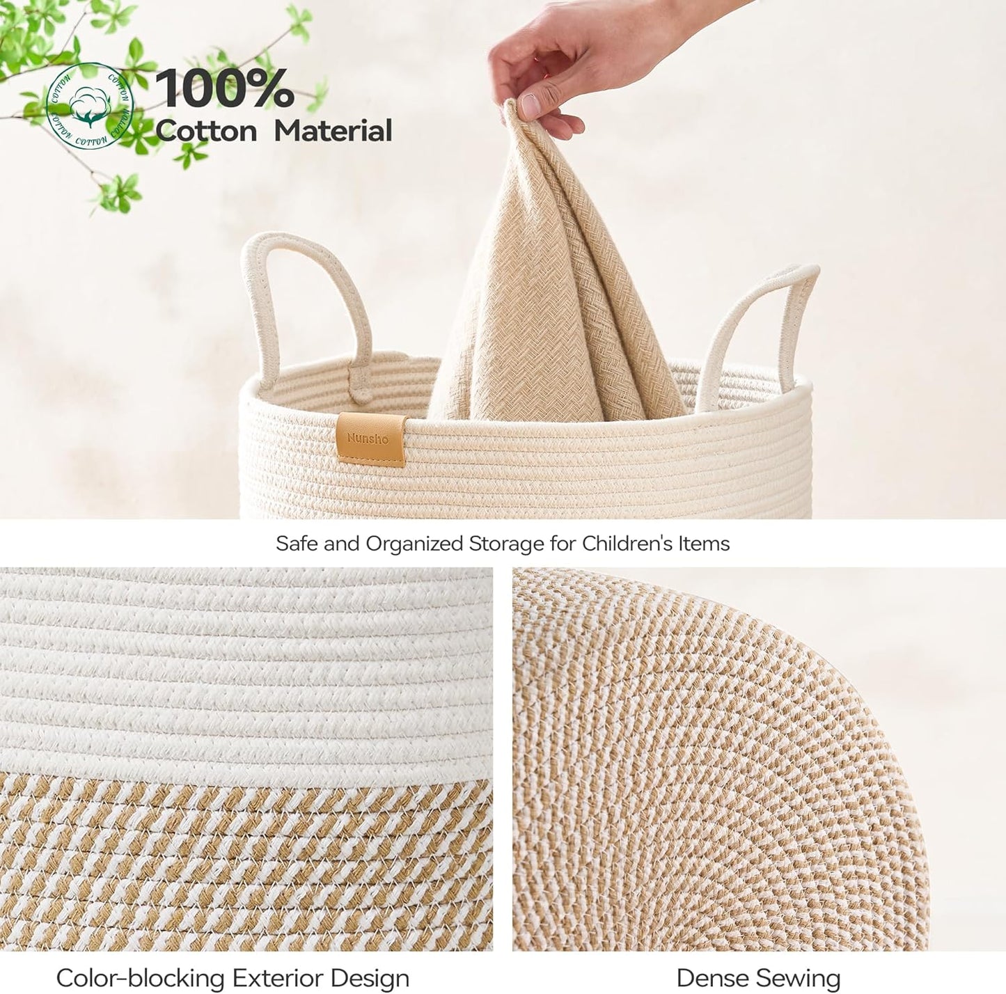 80L Laundry Hamper Basket,Baby Nursery Woven Storage Basket for Toys Bin,Pillows,Blankets,Clothes,Brown&White