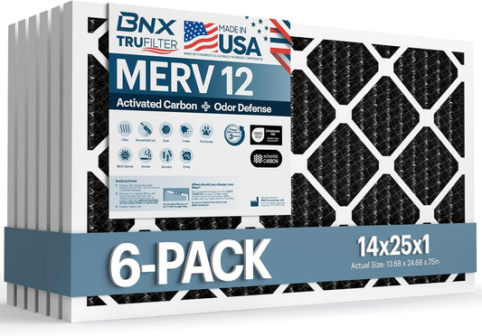 BNX TruFilter 14x25x1 MERV 12 Odor Defense (6-Pack) AC Furnace Air Filter with Activated Carbon