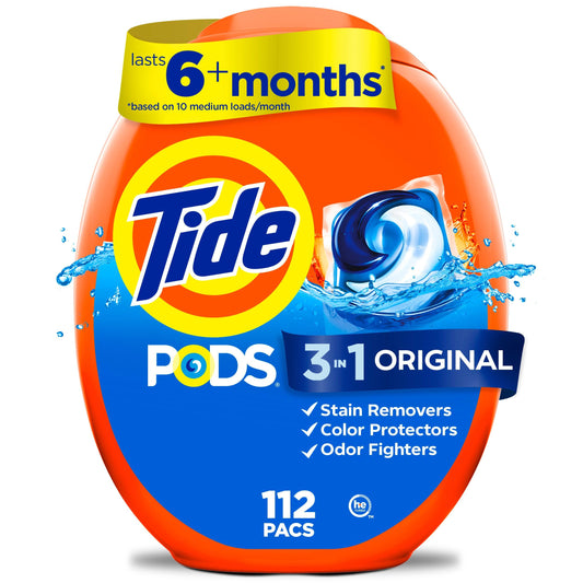 Tide PODS laundry detergent pacs, 3-in-1 Stain Remover, Odor Fighter, Color Protector, 112 Count