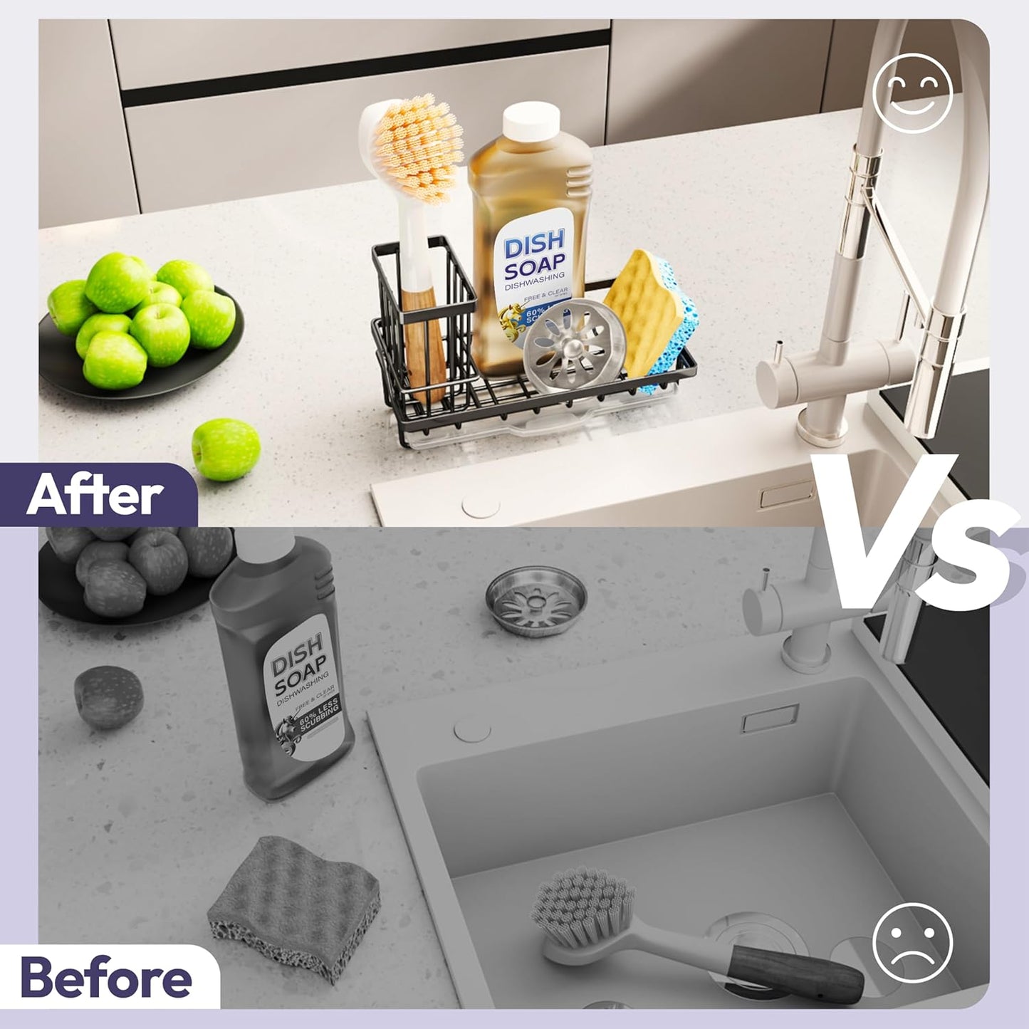 SWTYMIKI Sink Caddy Sponge Holder - Kitchen Sink Organizer with High Brush Holder for Countertop to Hold Dish Soaps and Sponges, Stainless Steel, Black