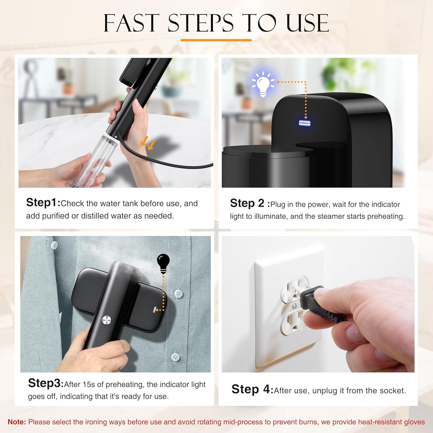 Steamer for Clothes, Portable Handheld Garment Steamer for Fabric Wrinkles Remover, 15s Fast Heat-up, 90ml Water Tank with Heat-Resistant Gloves, Convenient clothes steamer for Home, Office and Travel