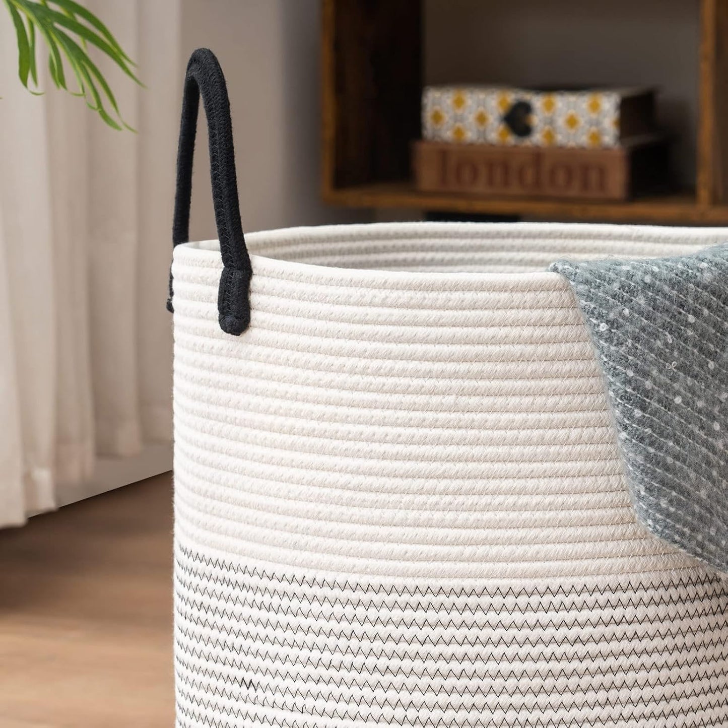 Woven Rope Laundry Hamper Basket by YOUDENOVA, Tall Luandry Basket, Baby Nursery Hamper for Blanket Storage, Clothes Hamper for Laundry in Bedroom-Large-(Dark White, 58L)