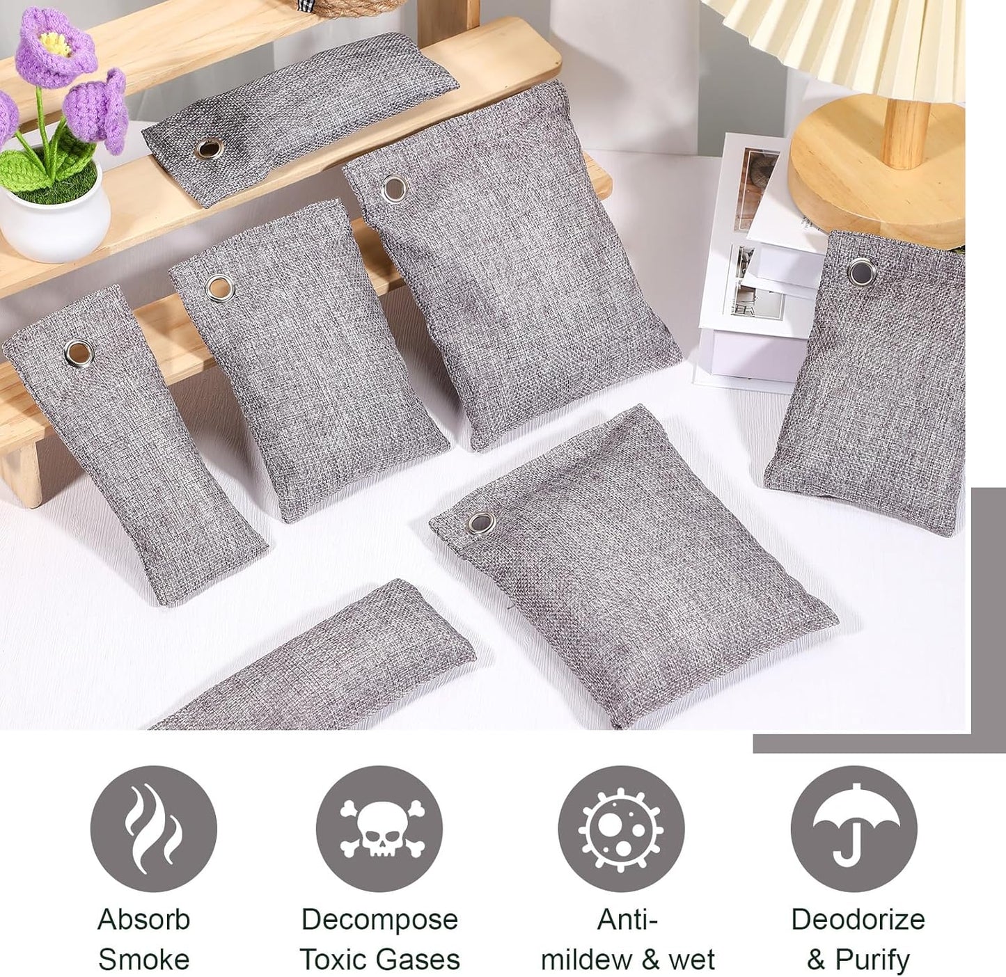 Nuanchu 24 Pcs Activated Charcoal Odor Absorber 50g/100g/200g, Air Purifying Bamboo Charcoal Bags, Natural Shoe Odor Absorber, Deodorizer Absorbers for Fresh Car Home Closet Pet Basement Smell(Grey)