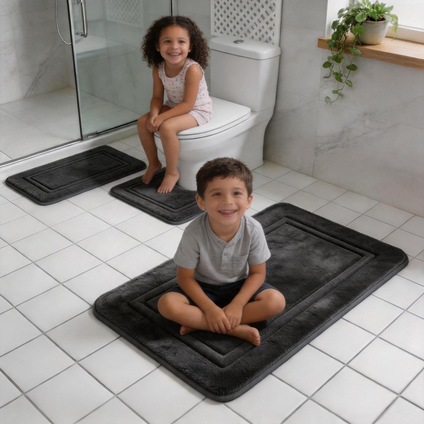 Bathroom Rugs Set 3 Piece Memory Foam Bath Mats Non-Slip Bath Rug Set ,Washable Bathroom