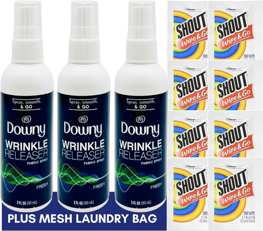 Downy Wrinkle Releaser Spray Travel Size 3 oz (Pack of 3), 8 Shout Wipes Individually Wrapped with Laundry Bag Gift Bundle, Ultimate Downy Wrinkle Release Spray & Shout Stain Remover Kit