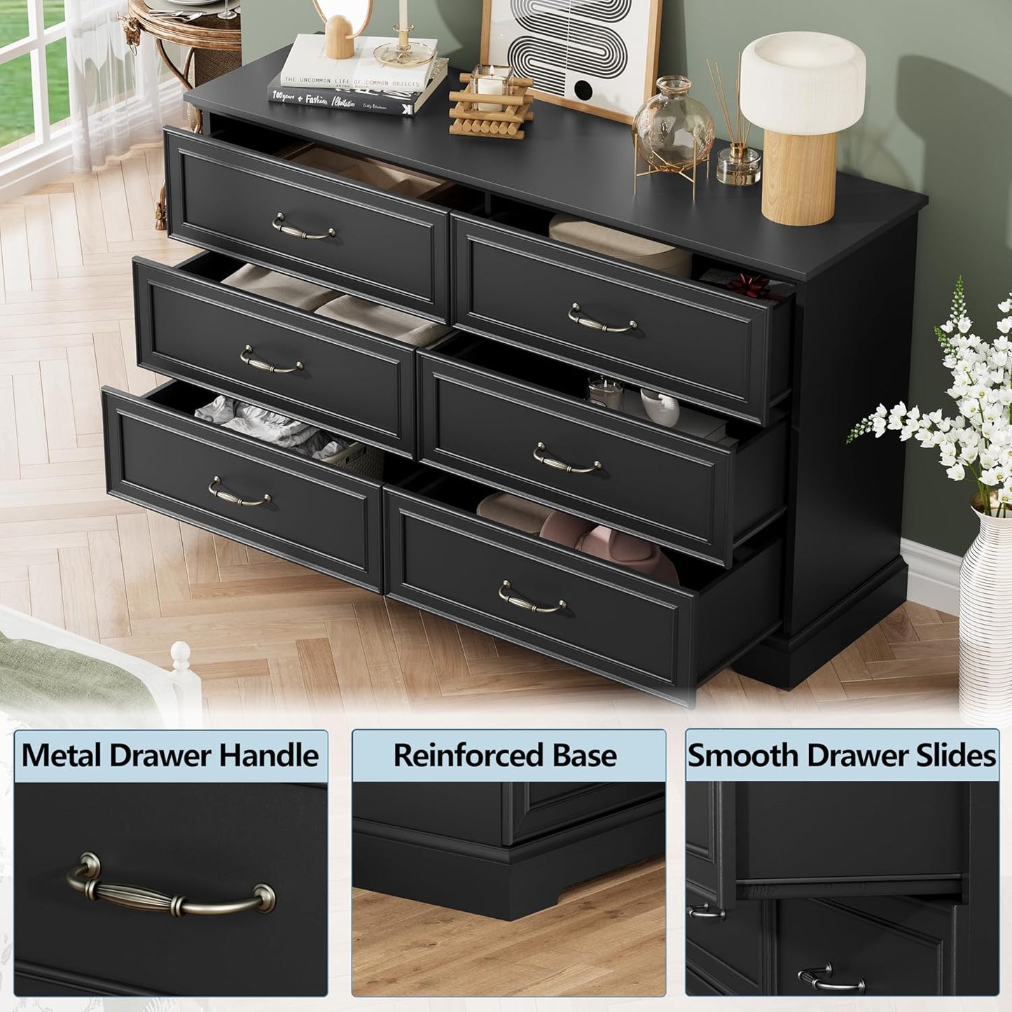 6 Drawer Dresser for Bedroom, 53" Wide Wooden Chest of Drawers, Rustic Farmhouse Dresser with Large Drawers & Metal Handles, Modern Storage Organizer for Closet, Living Room, Hallway, Black