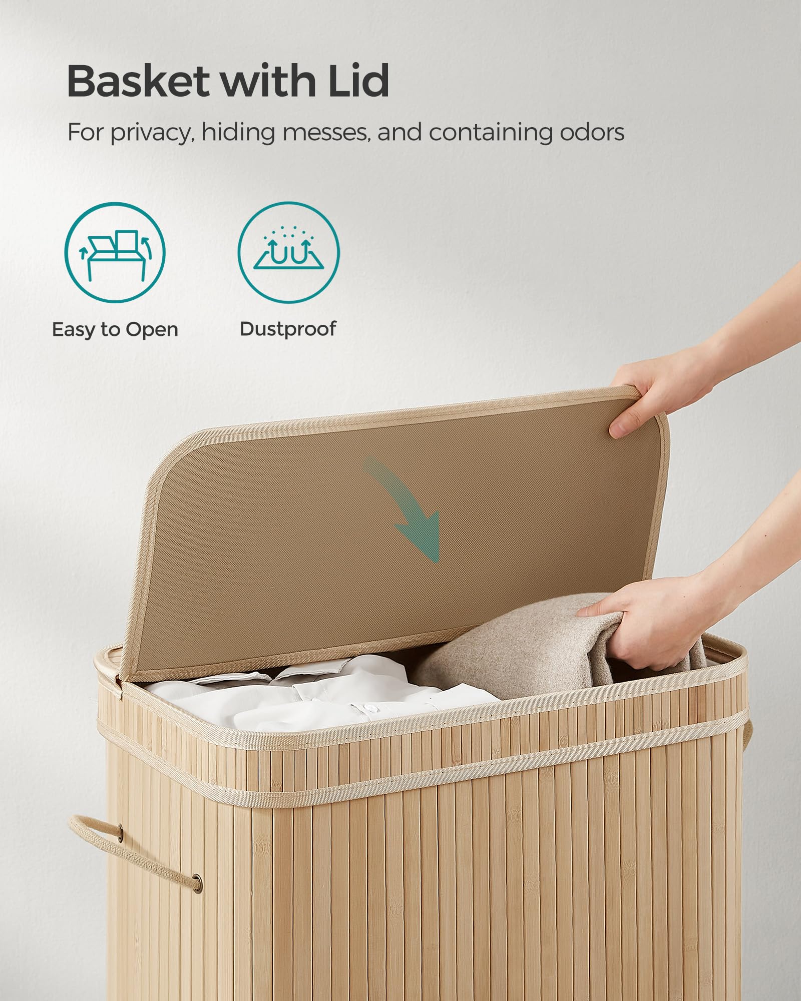 SONGMICS Bamboo Laundry Hamper with Lid, 26.4-Gallons, with Handles