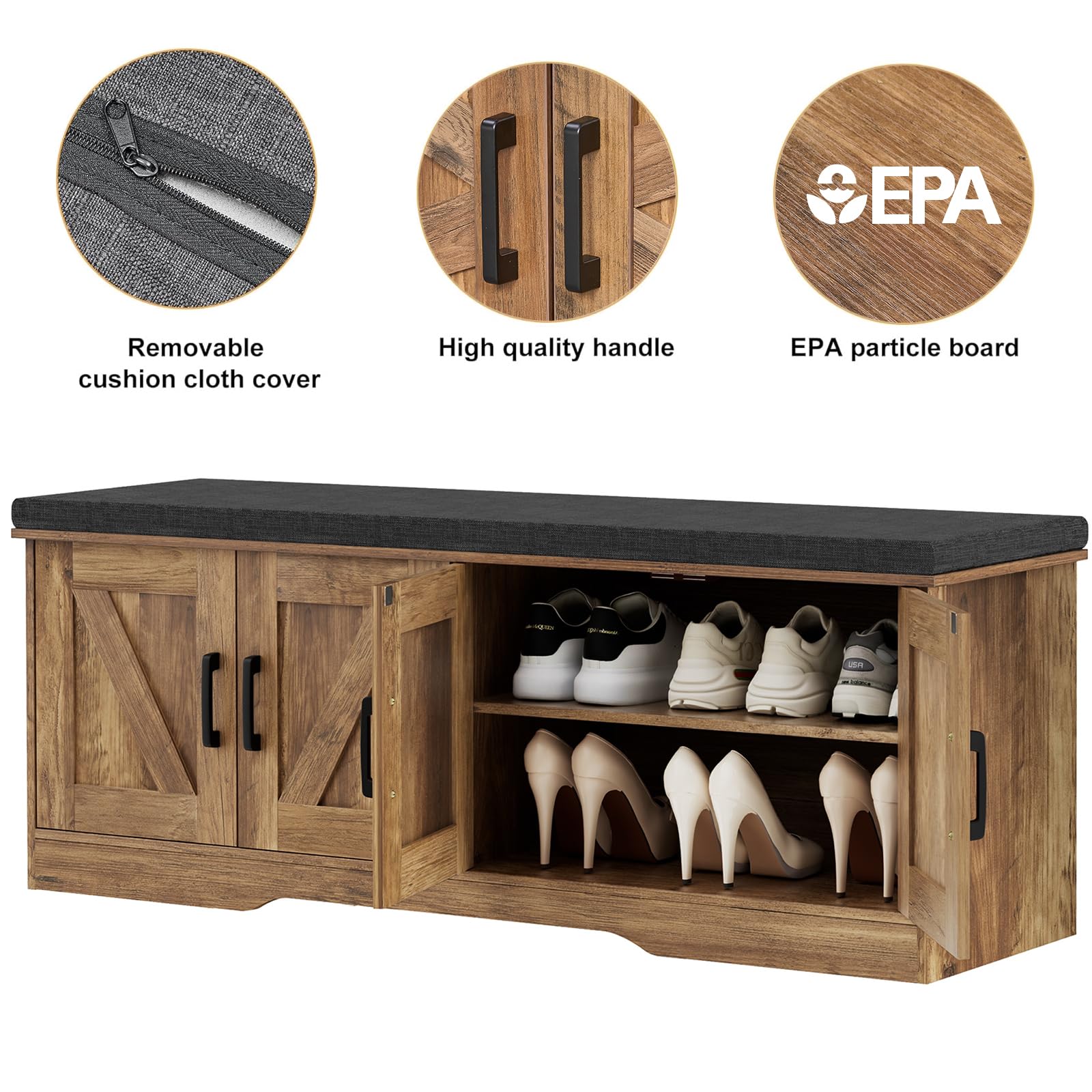 HOMSHO Farmhouse Shoe Storage Bench with 4 Barn Doors & Padded Seat Cushion