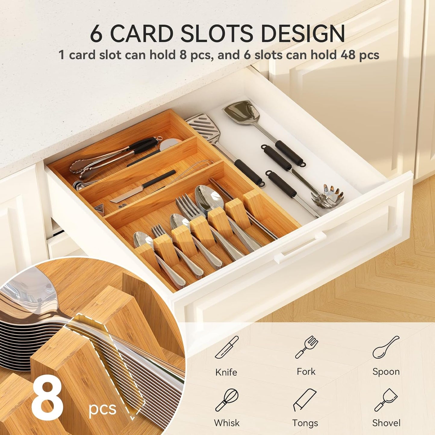 Yofidra Pure Bamboo Silverware Drawer Organizer: 16.53" Lx10 Wx1.93 H Large Silverware Utensil Tray Holder, 3-Compartment with 6 Card Slots Kitchen Flatware Organizer for Spoons Forks Knives