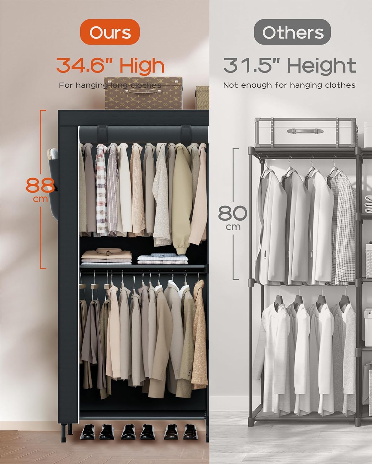 Clothes Rack, Portable Closet, 54.7 Inch Large Capacity Wardrobe Closet with Cover, Clothes Storage Organizer with Shelves and 3 Hanging Rods, Easy to Assembly, Black PCT122B01