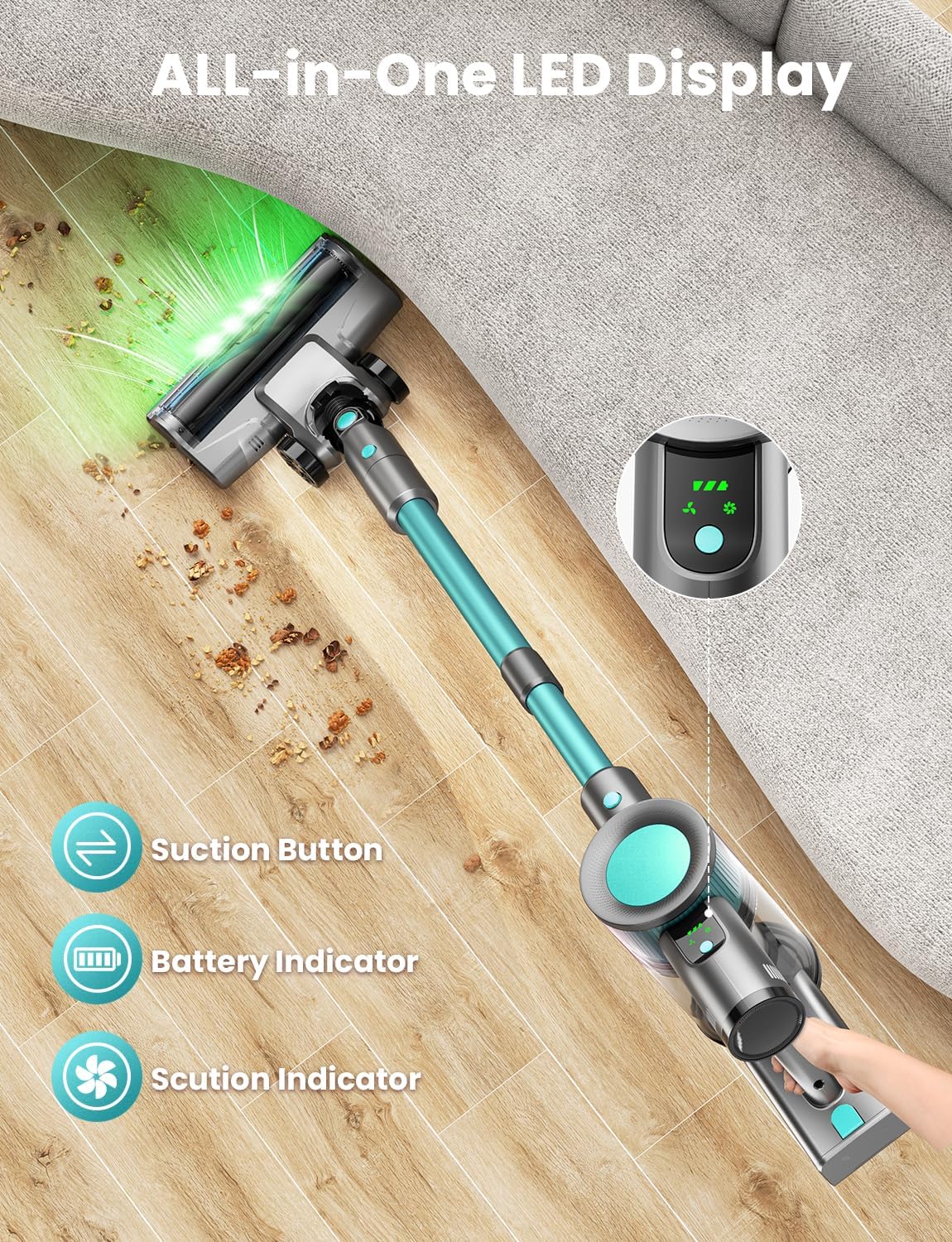Dzaki Cordless Vacuum Cleaner, Stick Vacuum with Smart LED Display, 50KPA 55Mins Vacuum Cleaners for Home, Powerful Suction, Anti-Tangled Lightweight Rechargeable Vac for Pet Hair, Carpet, Hard Floor