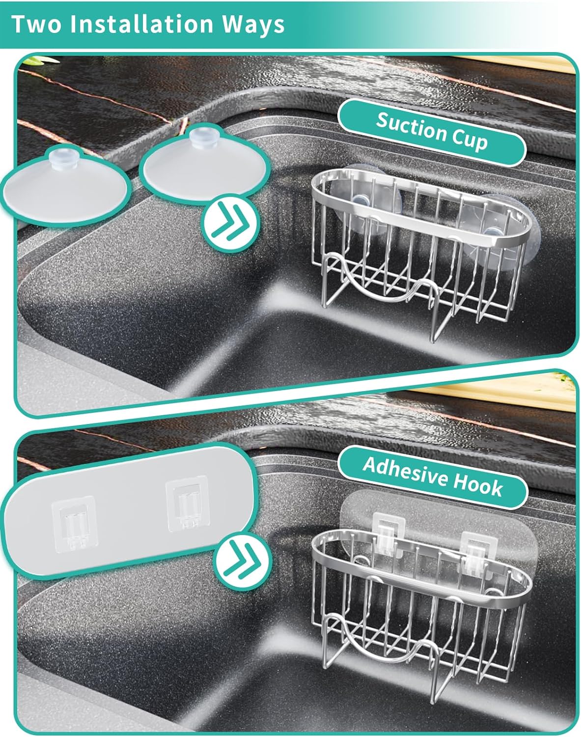 HapiRm Multifunctional Adhesive Kitchen Sink Organizer with M-Shaped, 2 Installation Methods Kitchen Sponge Holder, Rustproof Sponge Caddy for Brush, Sink Stopper and Scraper -Silver