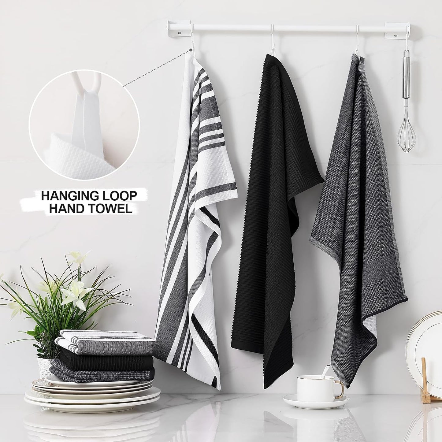 Homaxy Premium Kitchen Towels(18”x 28”, 9 Pack), Large Cotton 380 GSM Kitchen Hand Towels, Soft and Absorbent Terry Dish Towels, Multipurpose Tea Towel Set with Hanging Loop, Black