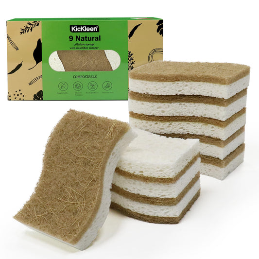 KICKLEEN 9 Pack Biodegradable Natural Kitchen Sponge Dish Sponges