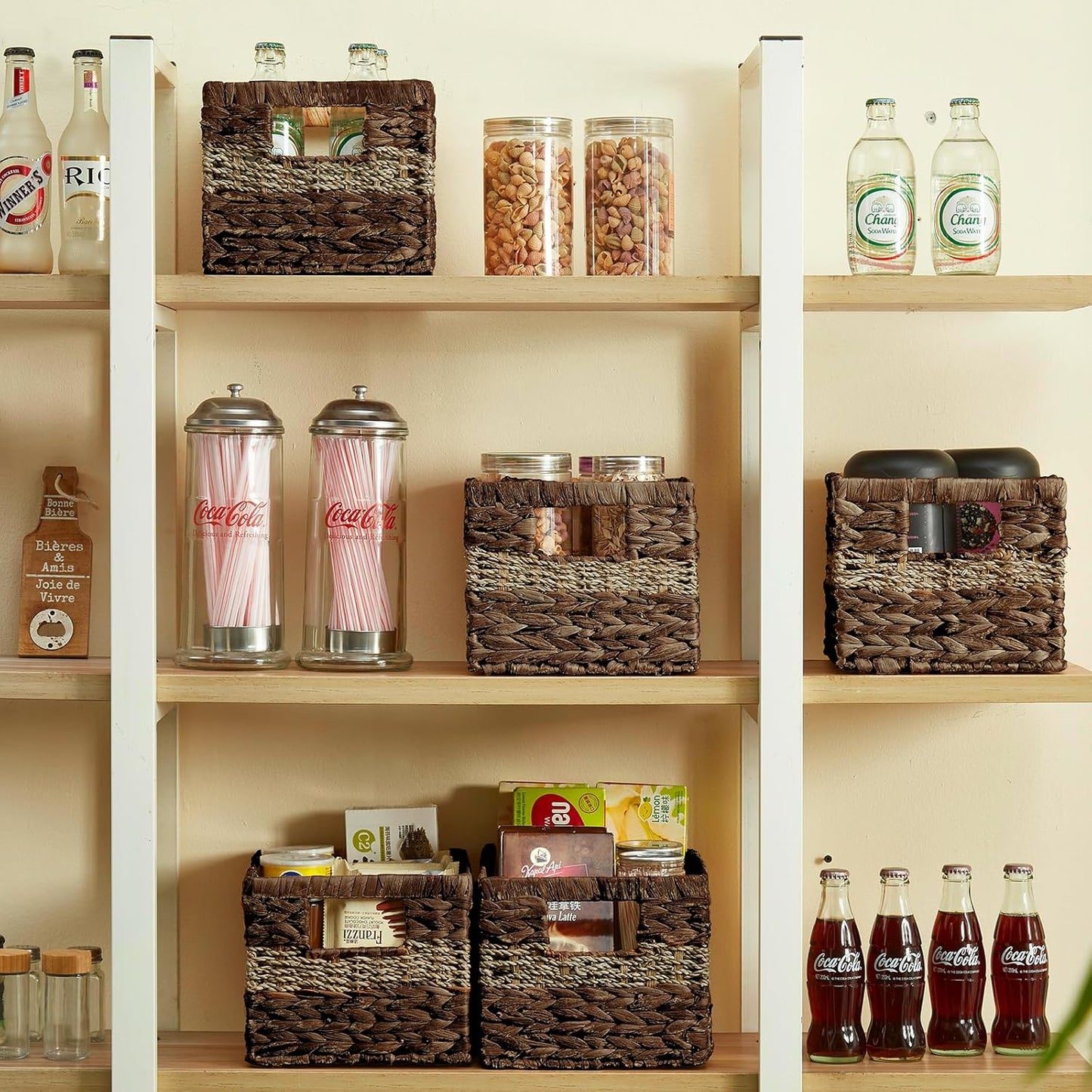 Water Hyacinth Wicker Basket, Decorative Woven Baskets with Built-in Handles, Hand-woven Storage Organizer for Organizing Pantry, Livingroom, Bedroom, Shelves, Toilet(2-PACK, Brown)