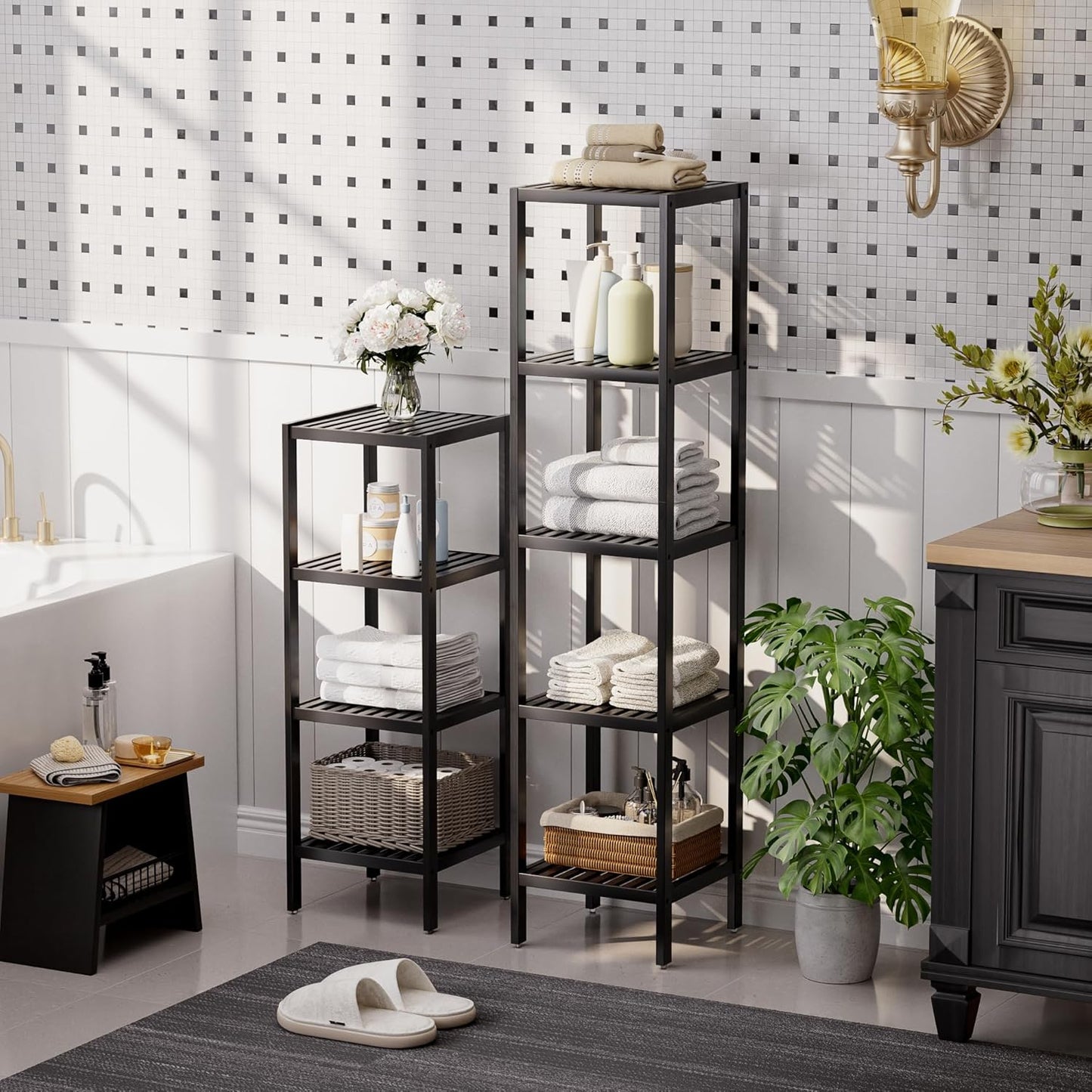 SMIBUY Bathroom Storage Shelf, 5-Tier Bamboo Rack Organizer, Multifunctional Shelving Unit for Living Room Bedroom Kitchen (Black)