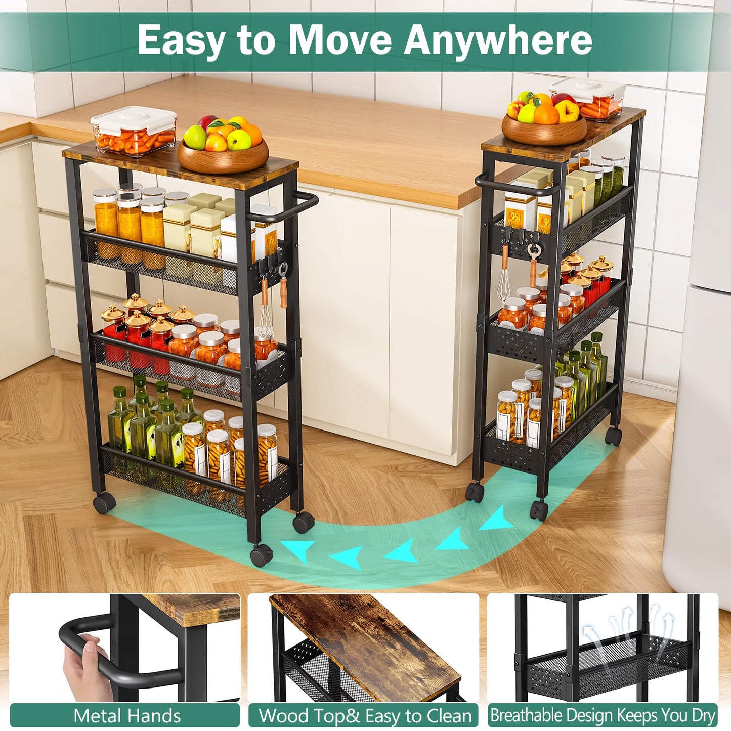 Vivihomety 4-Tier Slim Utility Rolling Laundry Cart with Wheels, Metal