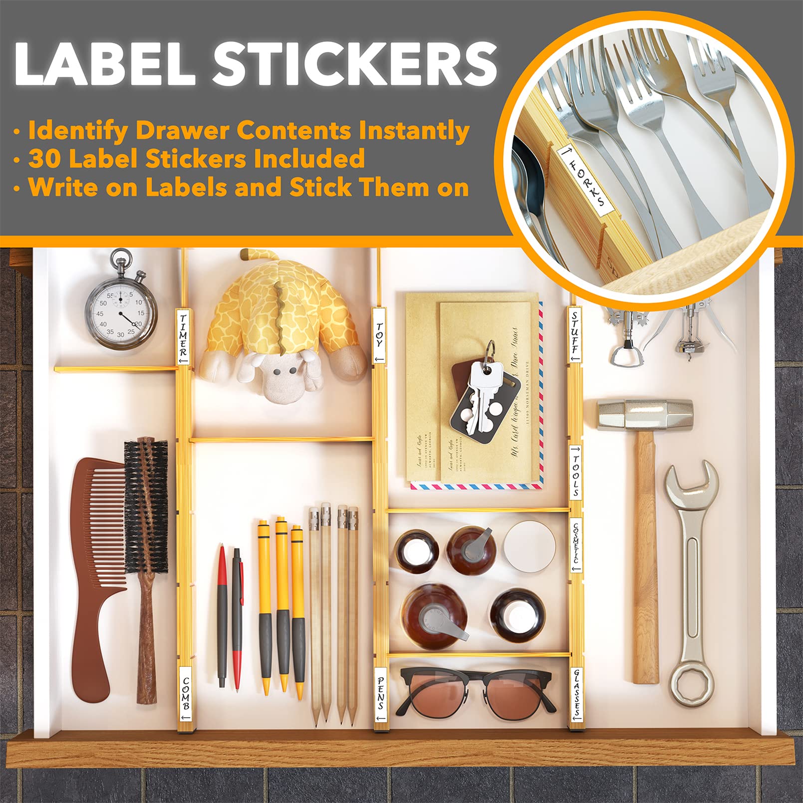 SpaceAid Bamboo Drawer Dividers with Inserts and Labels, Kitchen Adjustable Drawer Organizers