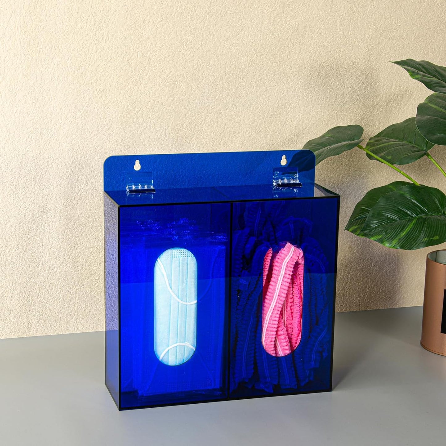 Wall Mounted Glove Dispenser, Hairnet Shoe Cover Dispenser，Acrylic Glove Box Holder, Blue (for 2 Boxes)