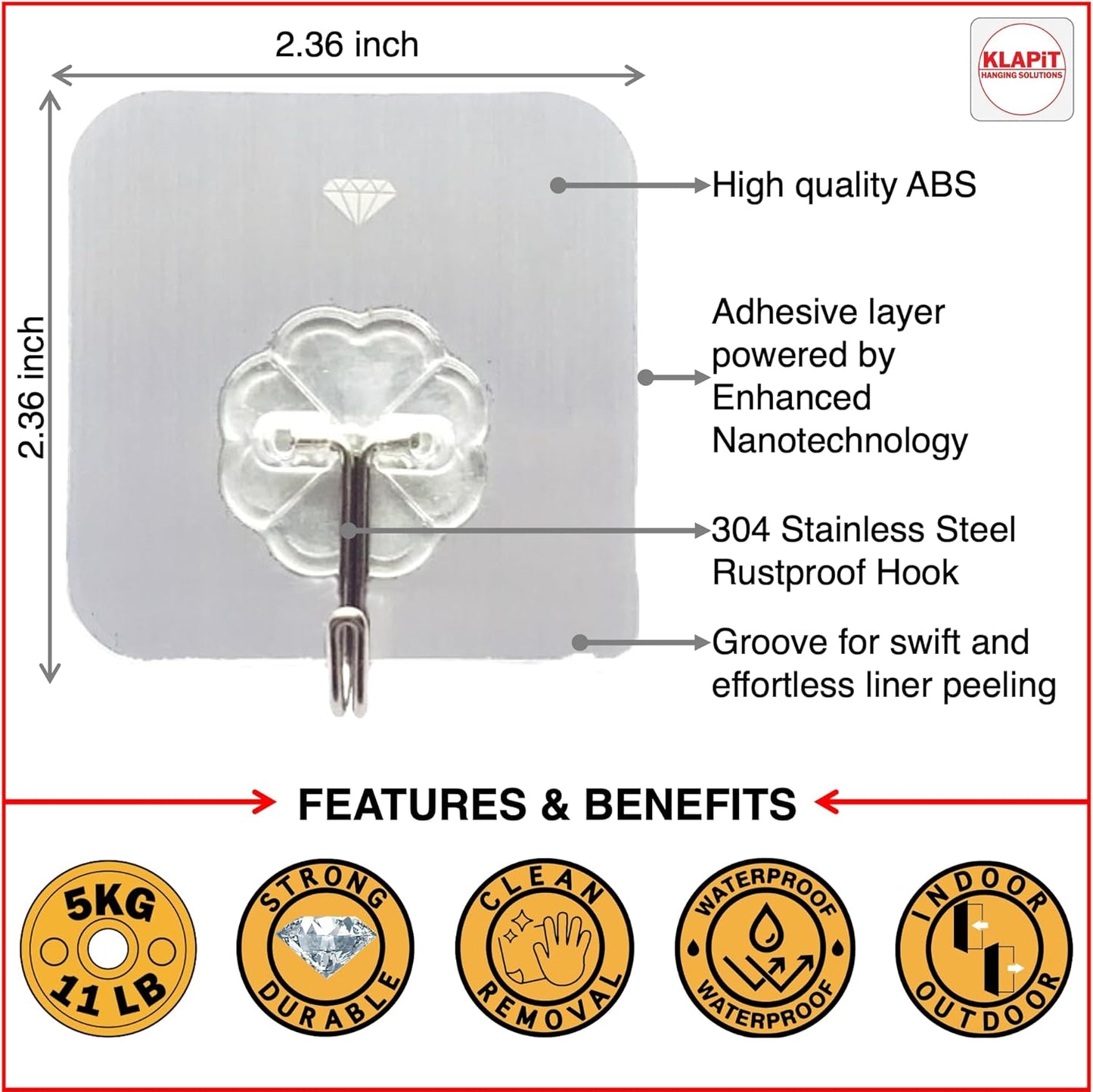 KLAPiT Super Hook - Heavy-Duty Adhesive Wall Hooks, Holds Up to 11 lbs, Waterproof, No Damage, Easy Install on Tile, Wood, Stone, Glass & Metal - Made of Steel (Clear, 4pc)