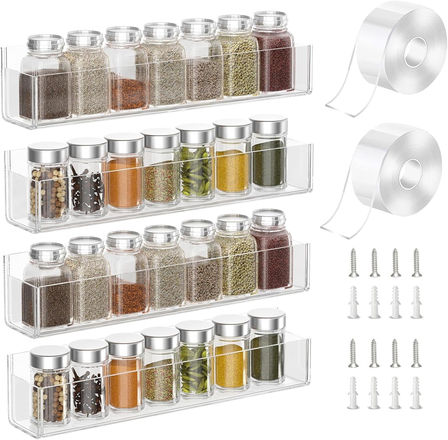 PMMASTO Adhesive Acrylic Spice Rack Organizer for Wall with 2 Nano Double Sided Tape, Spice Shelf Organization for Kitchen Cabinet Door/Pantry Door, Wall Mount Seasoning Rack (Clear-4 Pack)