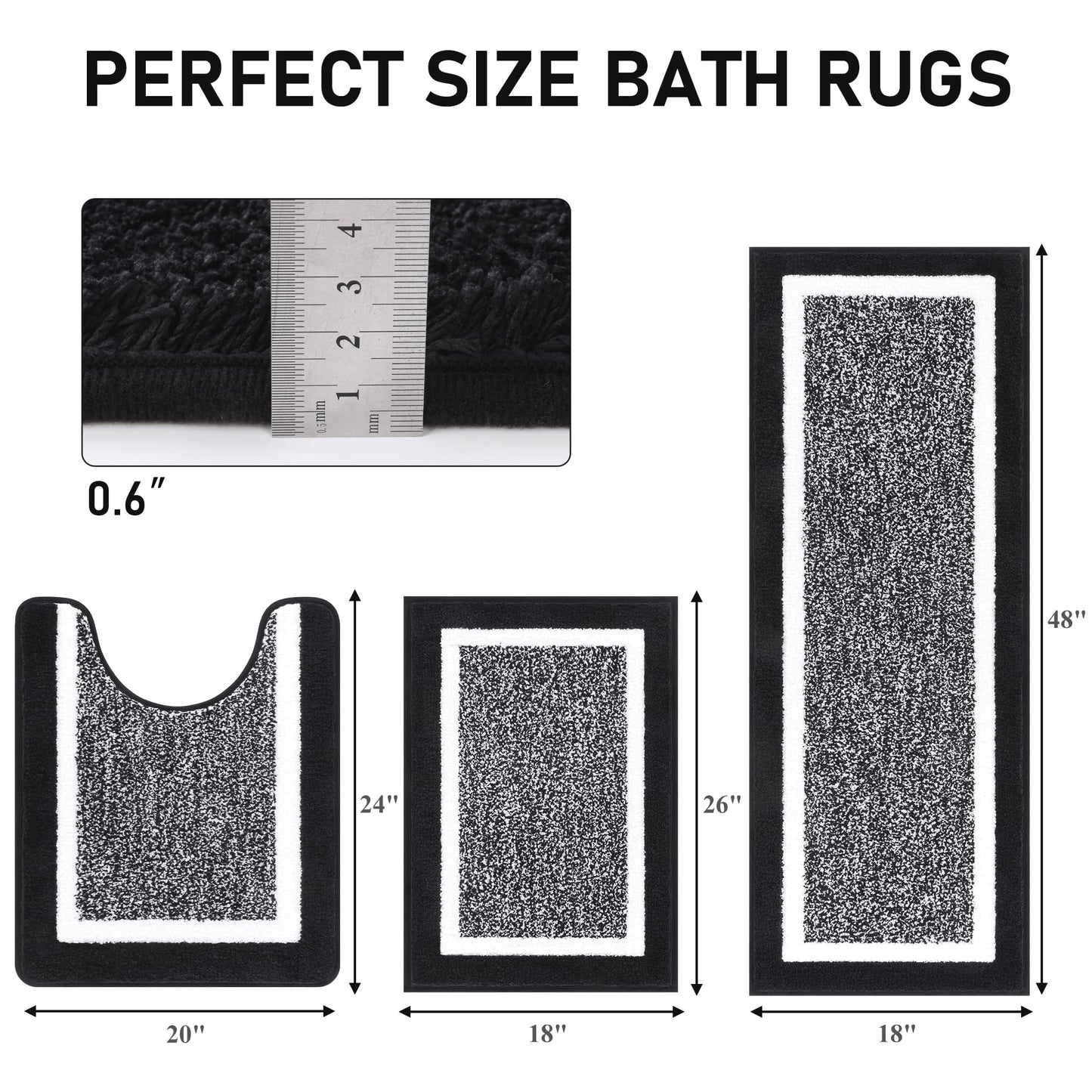 Pauwer Bathroom Rugs 3 Piece Set, Non Slip Washable Bath Mat, Black