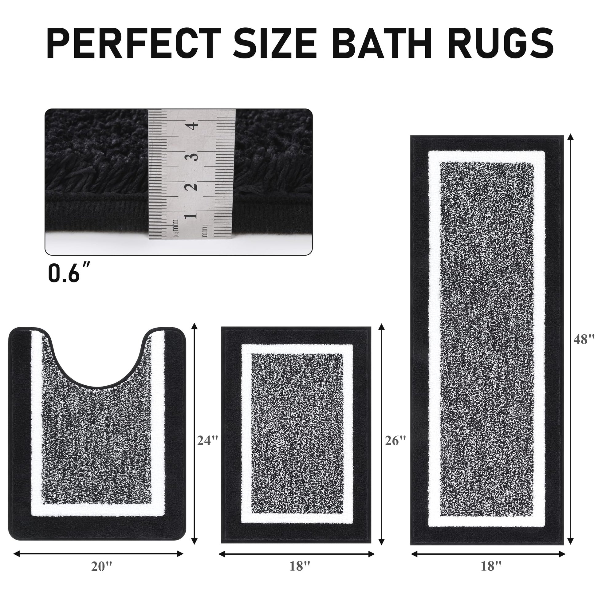 Pauwer Bathroom Rugs 3 Piece Set, Non Slip Washable Bath Mat, Black