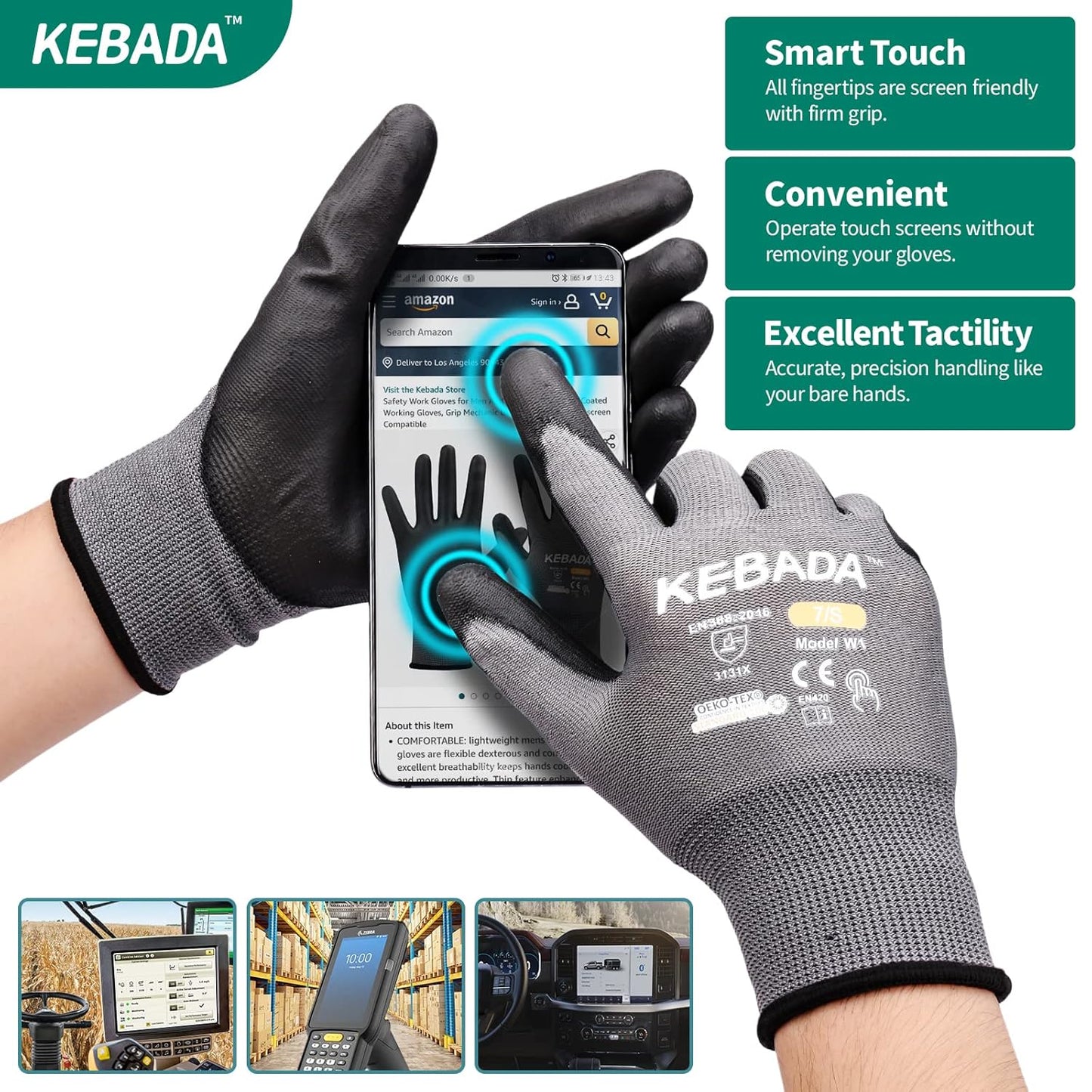 Kebada W1 Work Gloves for Men and Women, Touchscreen PU Coated Gloves with Grip, 50 Pairs Bulk Pack, Ideal for Warehouse Package Handling, Construction, Gardening, Gray Small