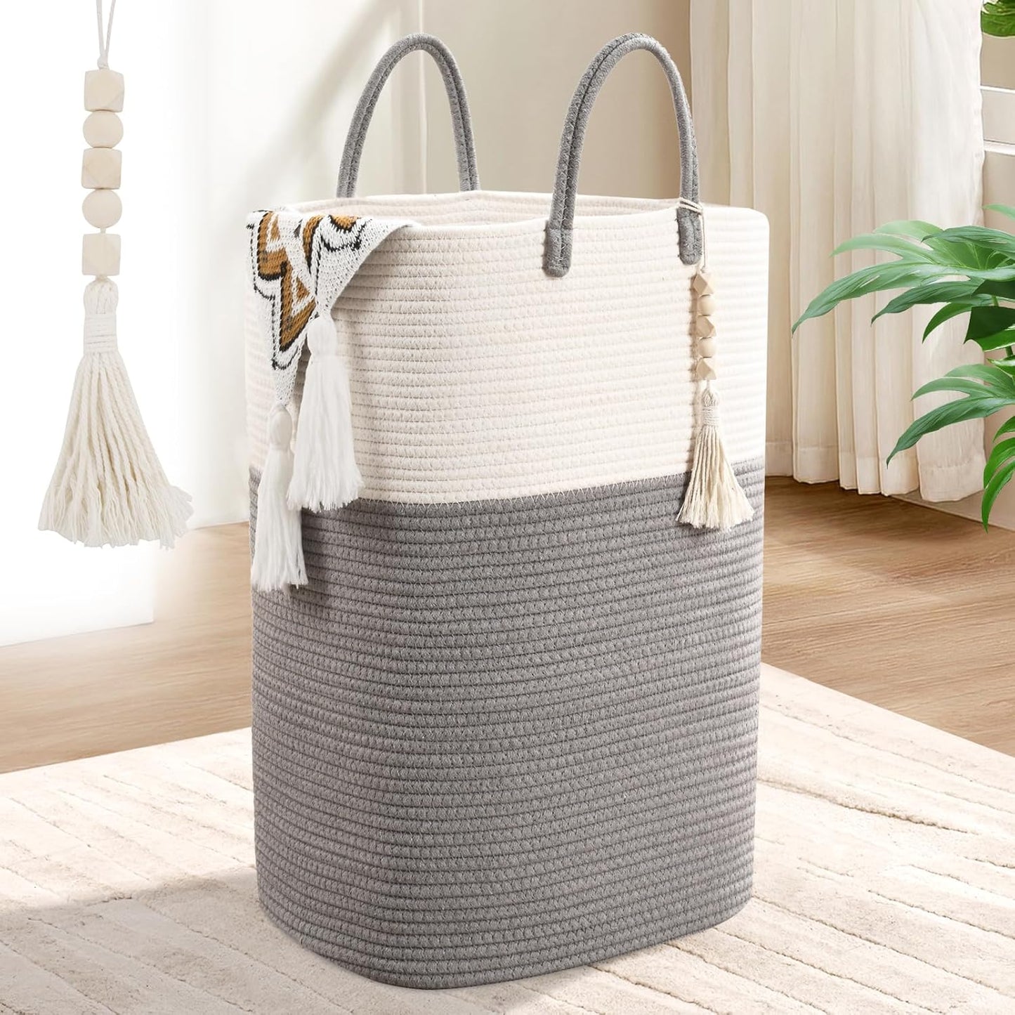 Woven Laundry Basket for Clothes, 65L Large Rectangle Laundry Hampers with Beads Tassel, Nursery Storage Basket for Toys, Tall Dirty Clothes Hamper for Bedroom Aesthetic, Laundry Room Organization
