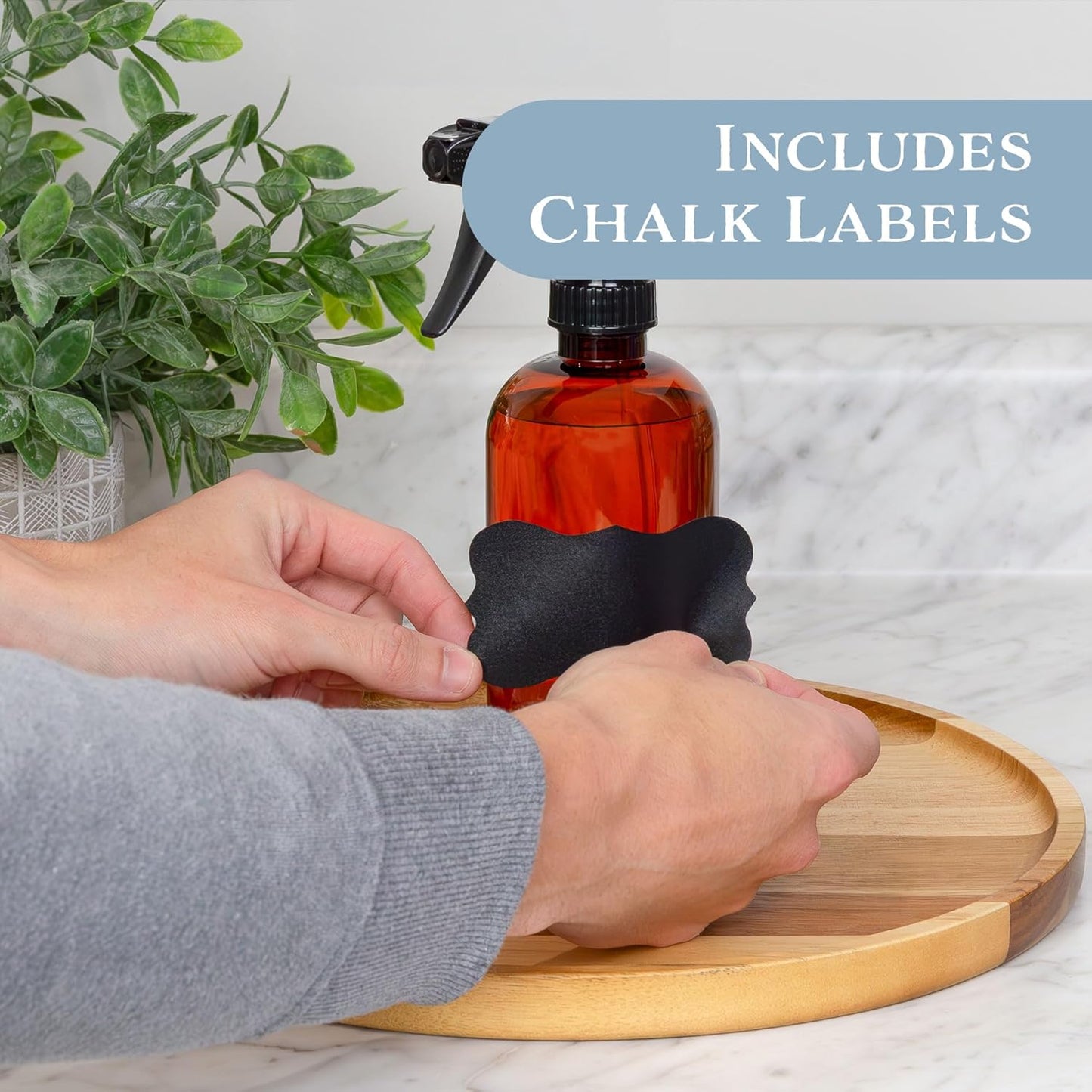 Cornucopia Brands 16oz Amber PLASTIC Spray Bottles w/Heavy Duty Mist & Stream Sprayers & Chalkboard Labels (6-pack); PET #1 Plastic Bottles, BPA-Free