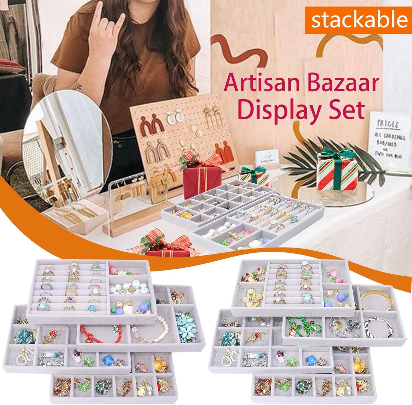 Jewelry Storage 8PACK, Velvet Jewelry Organizer Trays, 4PCS Stackable Jewelry Tray for Drawers, Grey Organizer for Rings, Earrings, Necklaces, Watches, Bracelets, Brooches