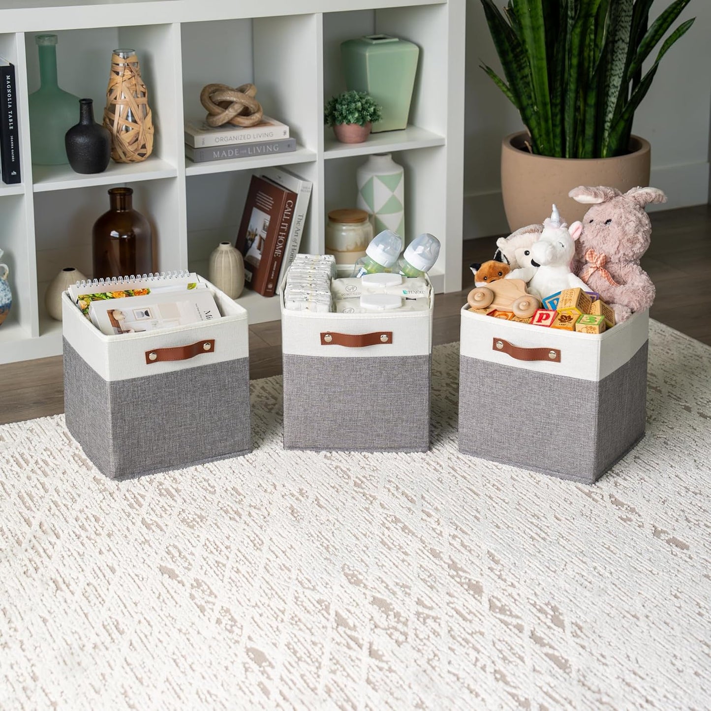 OrganiHaus 11x11 Fabric Cubes Storage Bins Set of 4, Foldable Collapsible Fabric Storage Bins for Organizer, Cubbies Organizer for Kallax, Linen Cube Shelf Baskets, Toy Organizing boxes - Grey/White