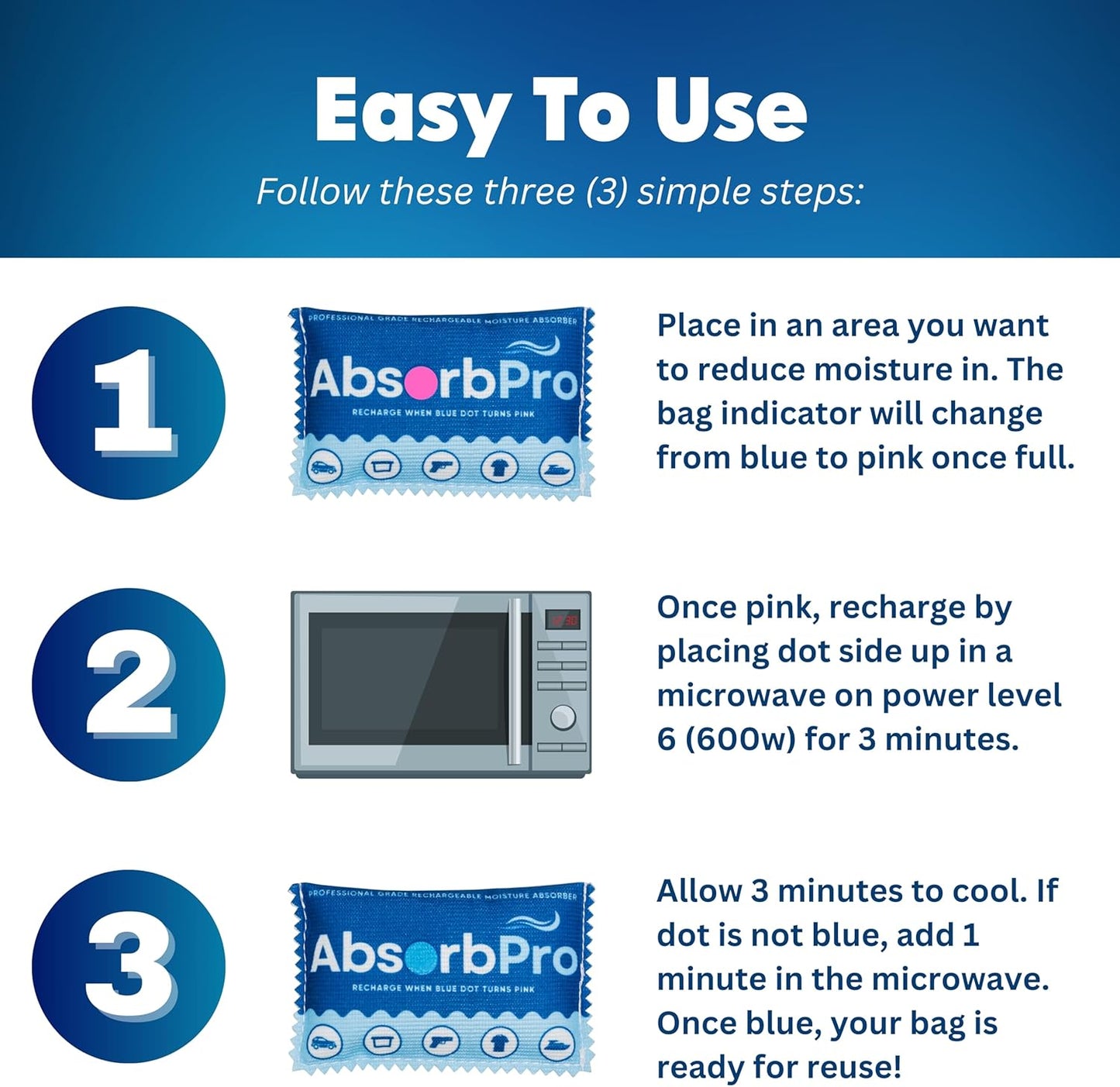 Rechargeable Dehumidifier Bag 3-Pack - 100g Reusable Moisture Absorbers - Silica Gel Packets for Bins, Totes, Gun Safe, Food Storage, Clothes, Cars, and Boats