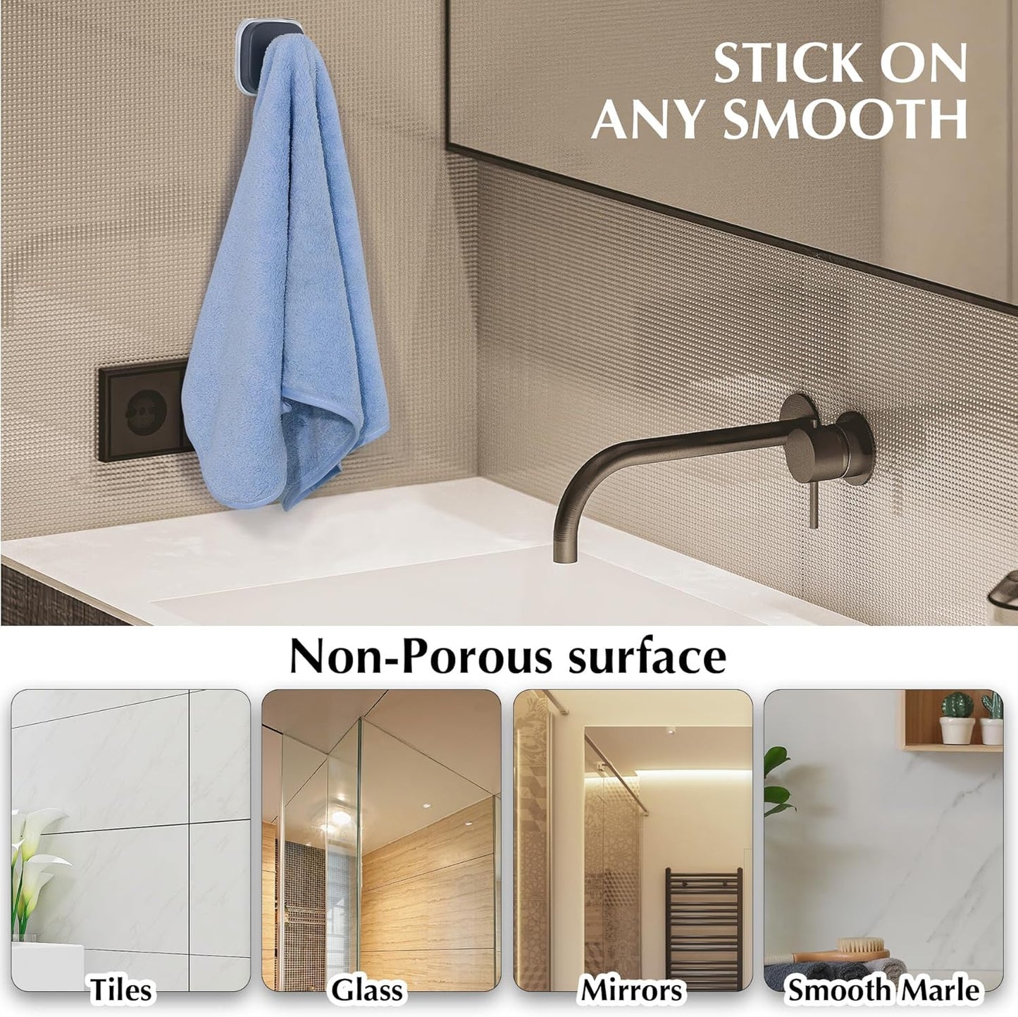 Suction Cup Hooks for Shower - Reusable No-Drill Mounting - Hooks for Towels, Robes & Loofah on Metal, Glass, Mirrors, Tile & Smooth Non-Porous Surfaces (2, Matte Black)