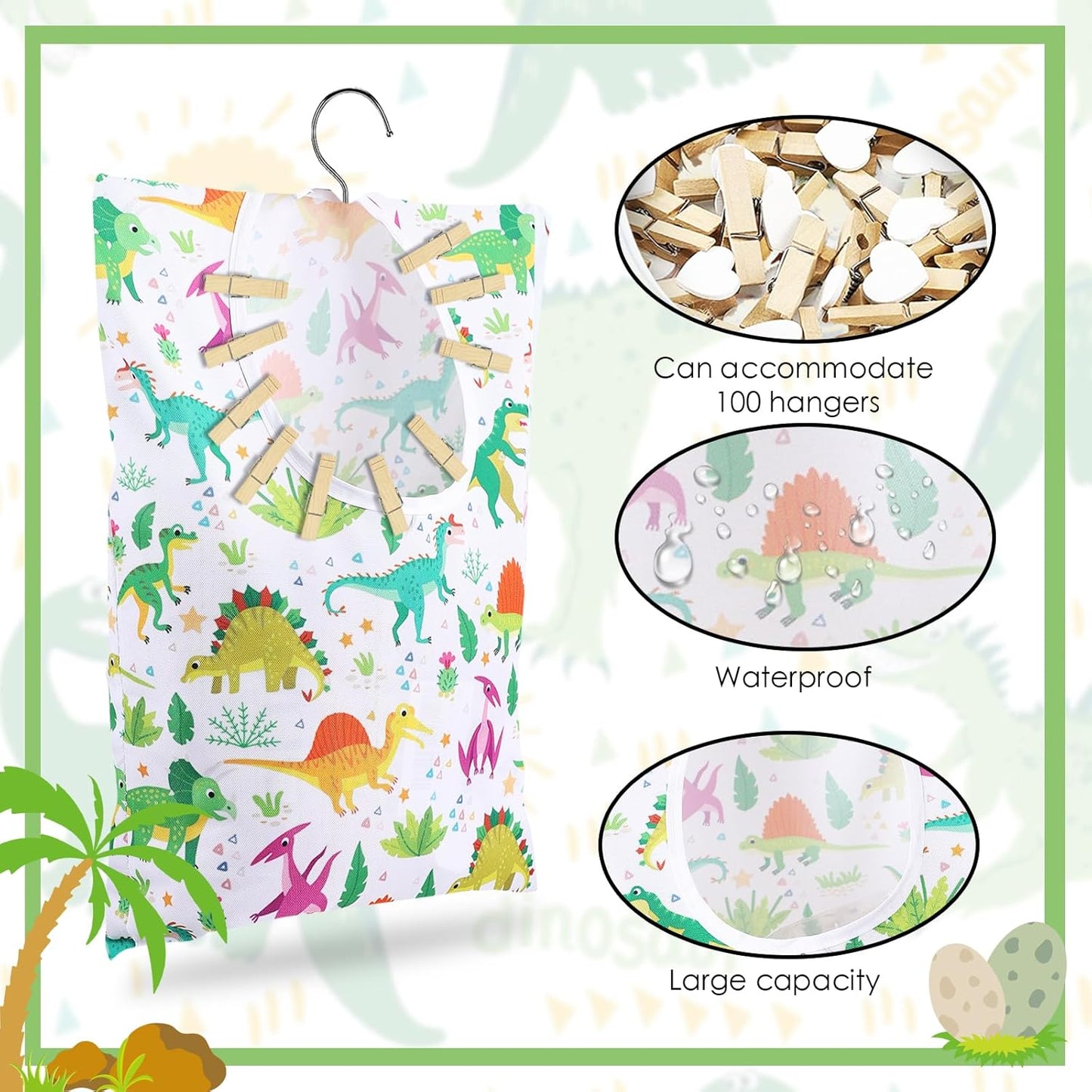 2 Pcs Dinosaurs Clothespin Holder - 15 X 11 Inch Clothes Pin Hanging Bag for Clothesline, Outdoor, Laundry Room and Wardrobe