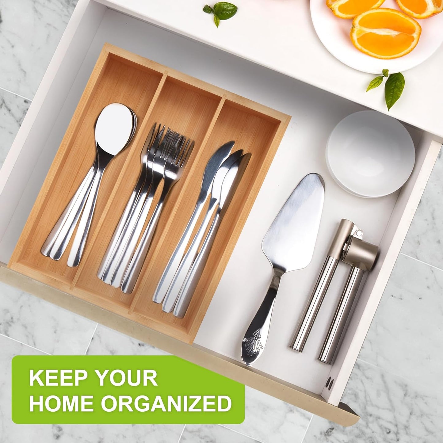 Bamboo Utensil Drawer Organizer, Silverware Tray Organizer, Kitchen Drawer Organizer for Flatware Cutlery, (Natural, 3 Slots)