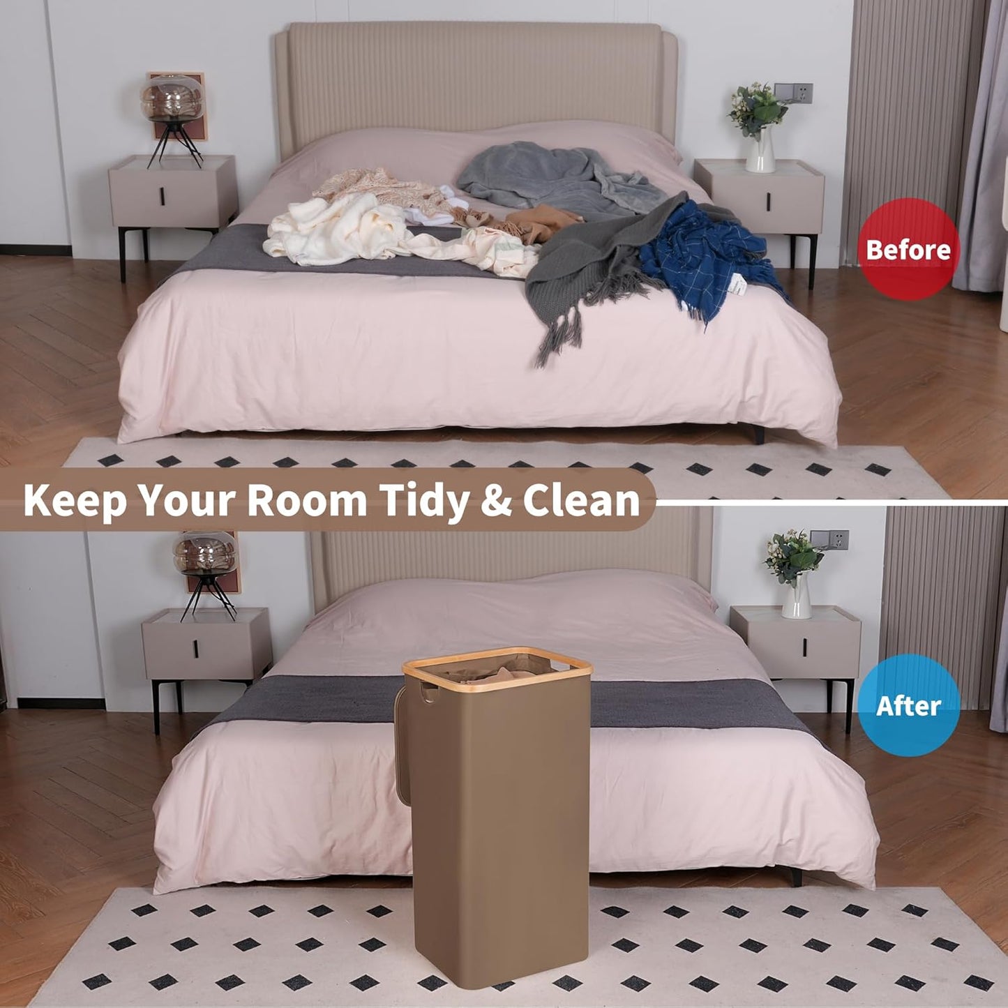 26 Gal Laundry Basket with Lid and Net Bag, Tall Laundry Hamper with Bamboo Handles, Aesthetic Dirty Clothes Bin for Laundry Room, Bathroom, Bedroom and Dorm, Brown