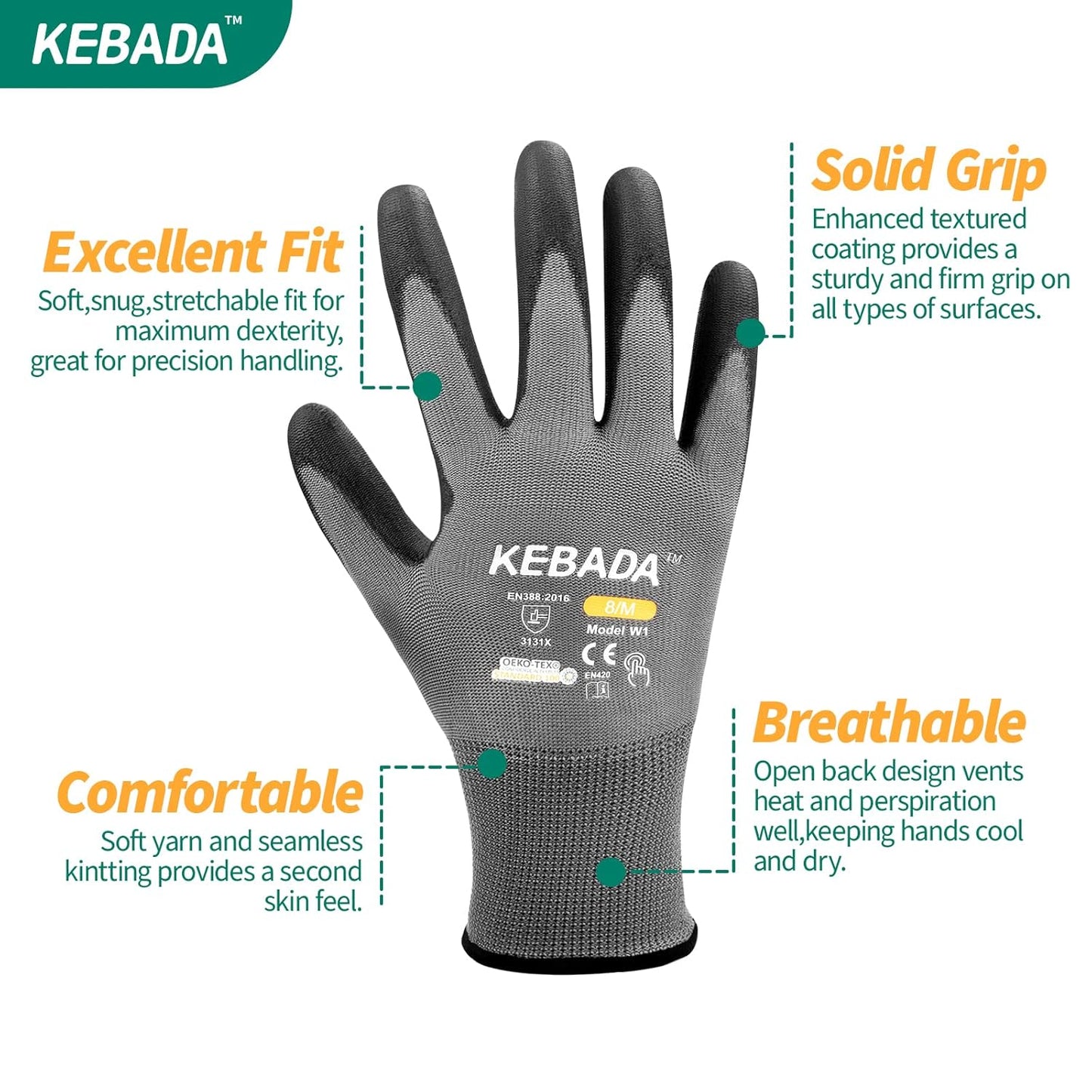 Kebada Safety Work Gloves,120 Pairs Bulk Pack, Touchscreen, PU Coated, Ideal for Warehouse, Construction, Gardening and Mechanics, Grey, X-Small