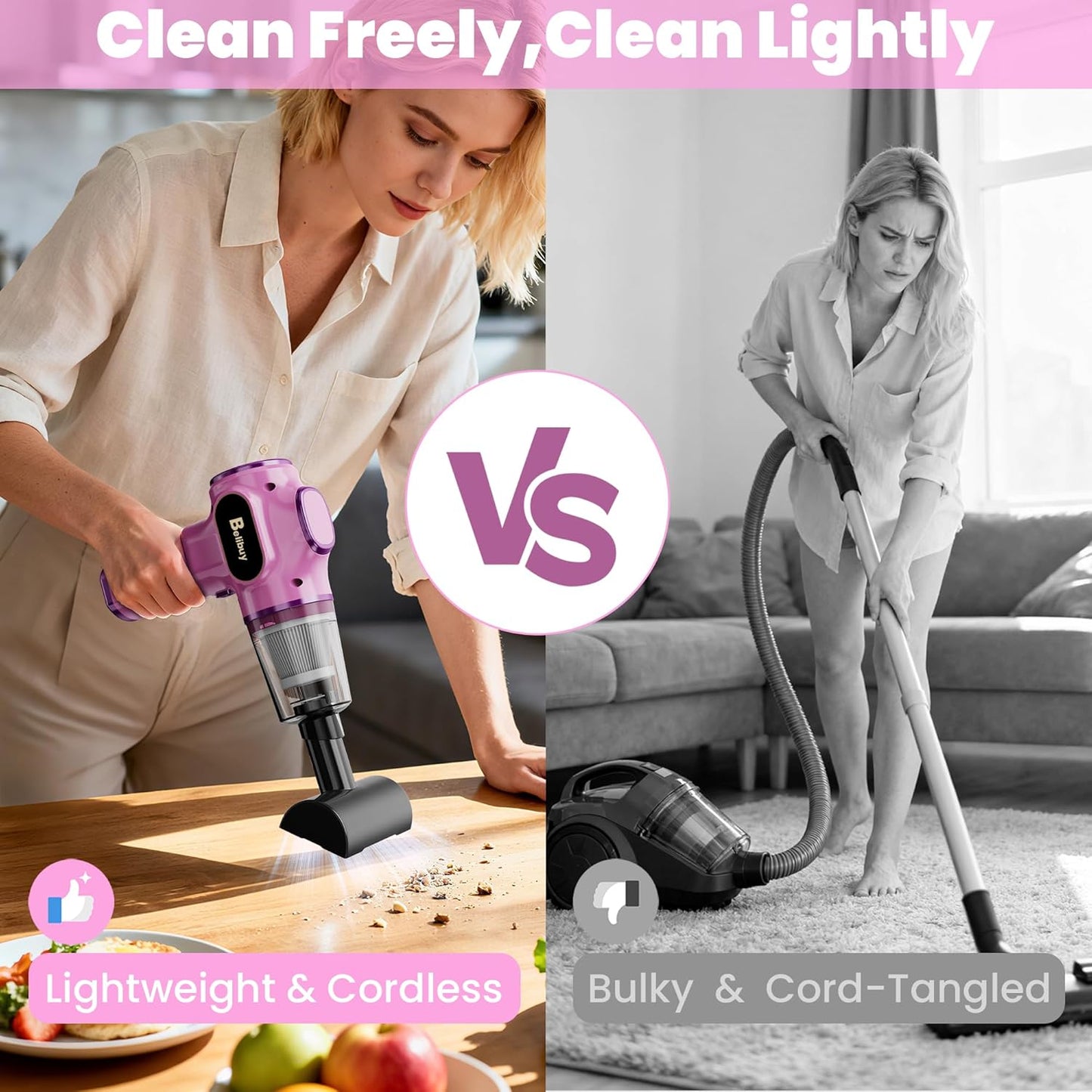 Women-Friendly Cordless Pink Car Vacuum Cleaner – 15000Pa Portable Mini Handheld Vacuum Cleaner, Effortlessly Handles Car,Office,Home & Pet Cleaning